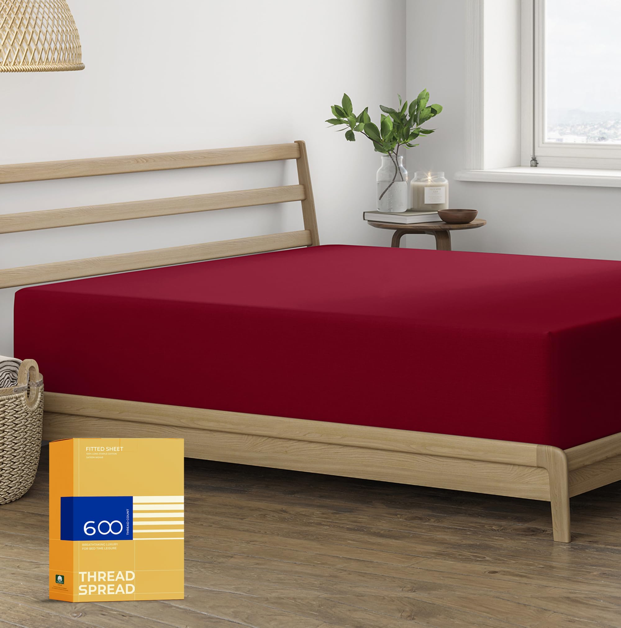 Thread Spread 100% Egyptian Cotton Fitted Sheet Twin Size - 600 Thread Count 16' Deep Pocket Twin Fitted Sheet Only, Cooling Sateen Elastic Bottom Sheet, Fits College Dorm Mattress, Teens - Burgundy