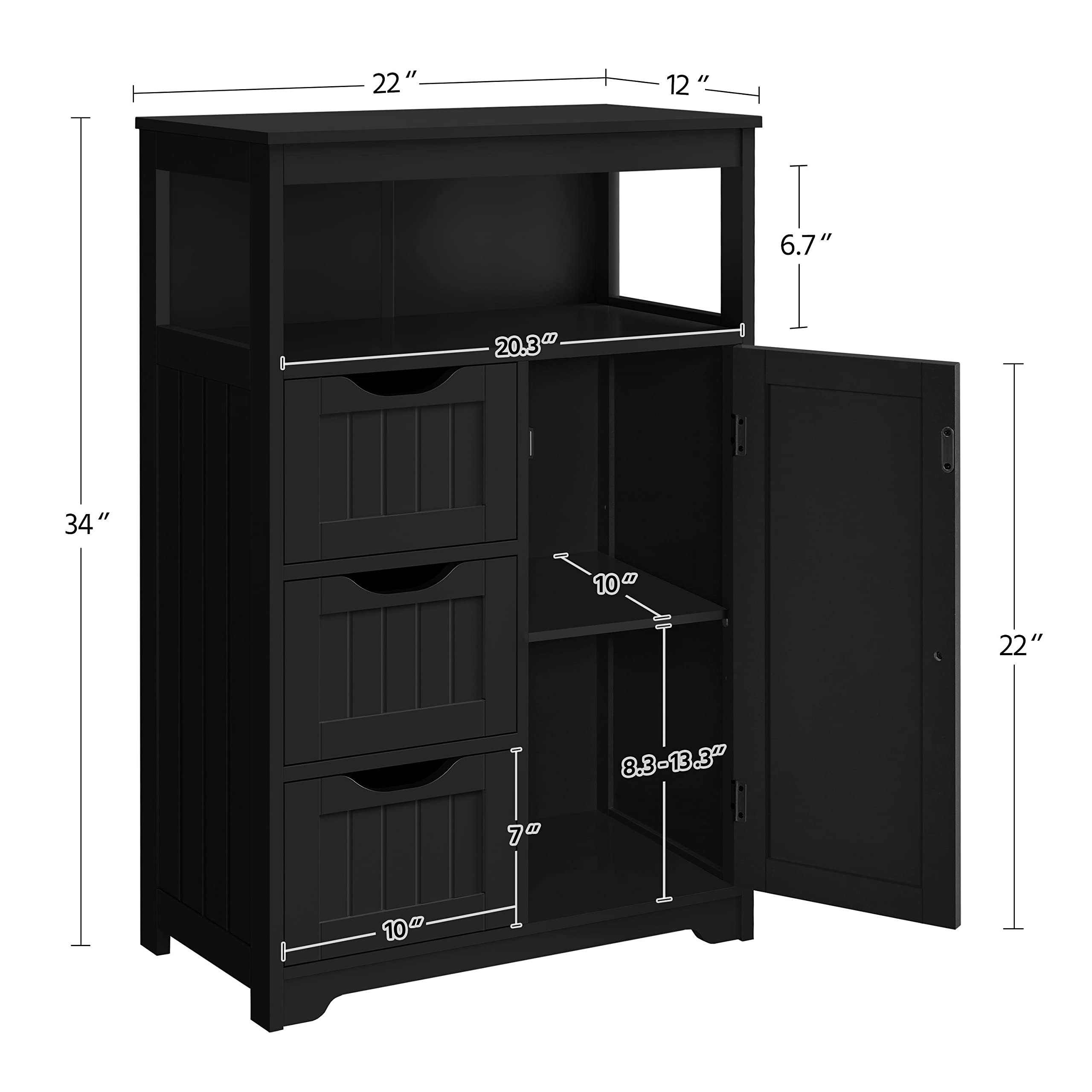 Yaheetech Bathroom Floor Cabinet, Free Standing Wooden Storage Organizer Multiple Tiers Storage Cabinet For Living Room, Black