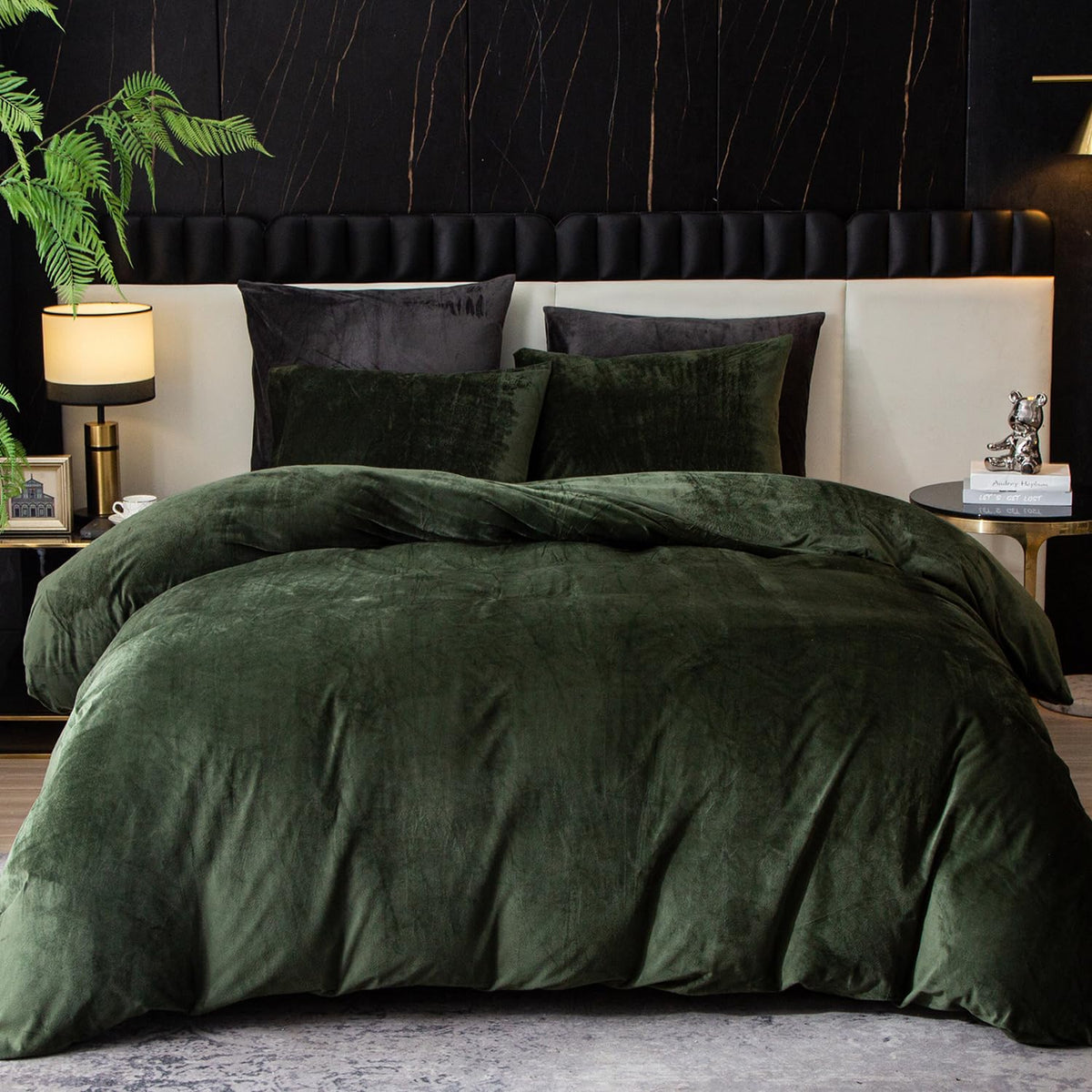 Ivellow Velvet Duvet Cover Queen Set Dark Green Comforter Cover 3Pcs Ultra Soft Cover Breathable Solid Luxury Flannel Velour Duv