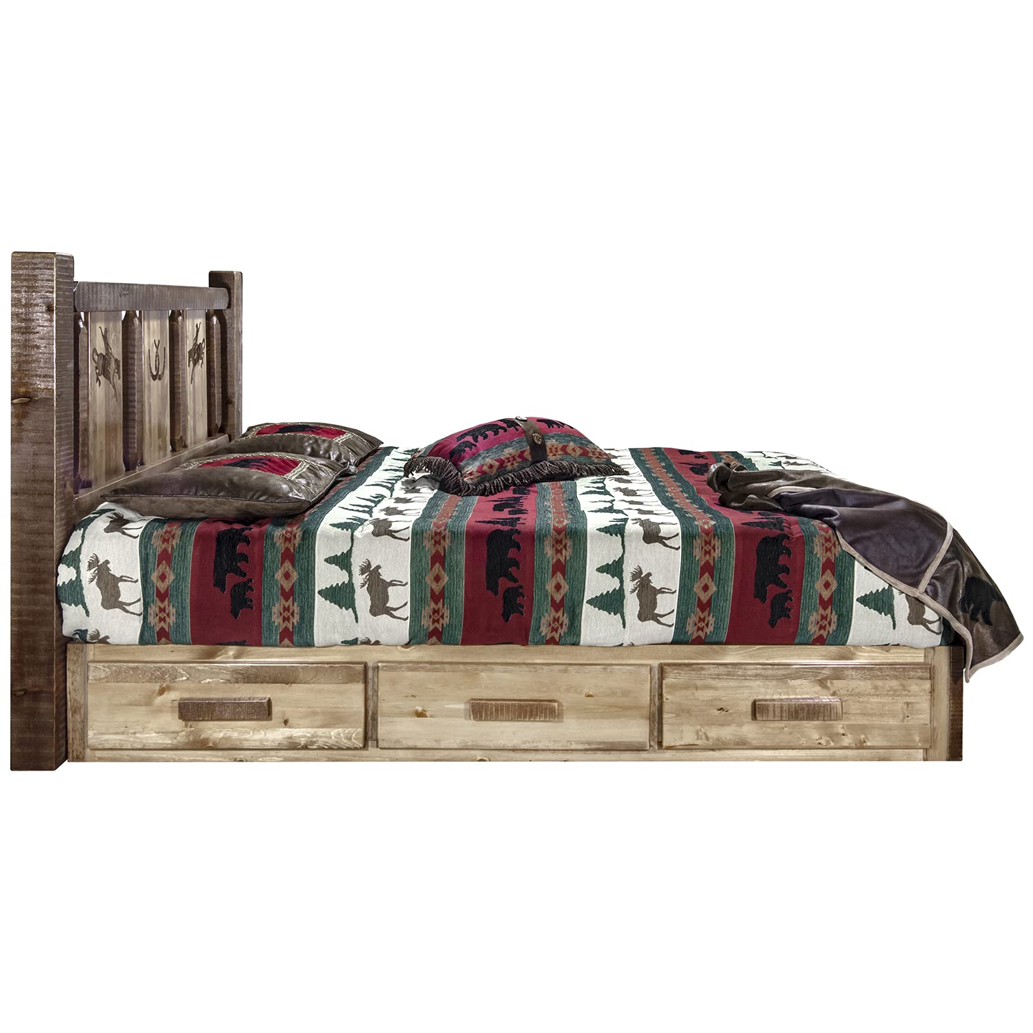 Montana Woodworks Homestead Collection Platform Bed w/Storage, Queen w/Laser Engraved Bronc Design, Stain & Clear Lacquer Finish