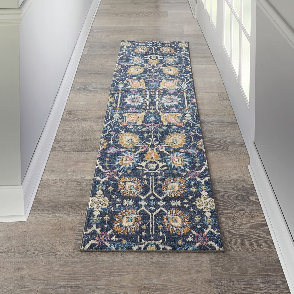 HomeRoots 100% Polypropylene 2â?? x 8â?? Navy Blue Floral Buds Runner Rug