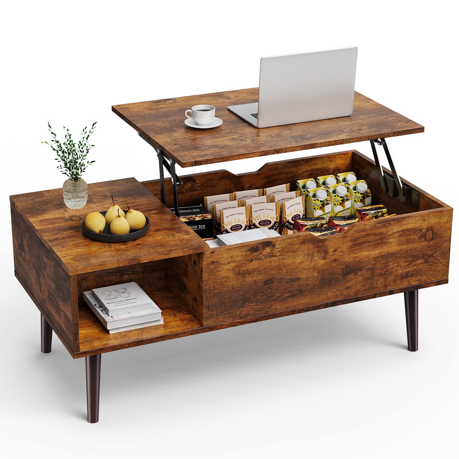 Sweetcrispy Coffee Table, Lift Top Coffee Tables for Living Room, Small Rising Wooden Dining Center Tables with Storage Shelf an