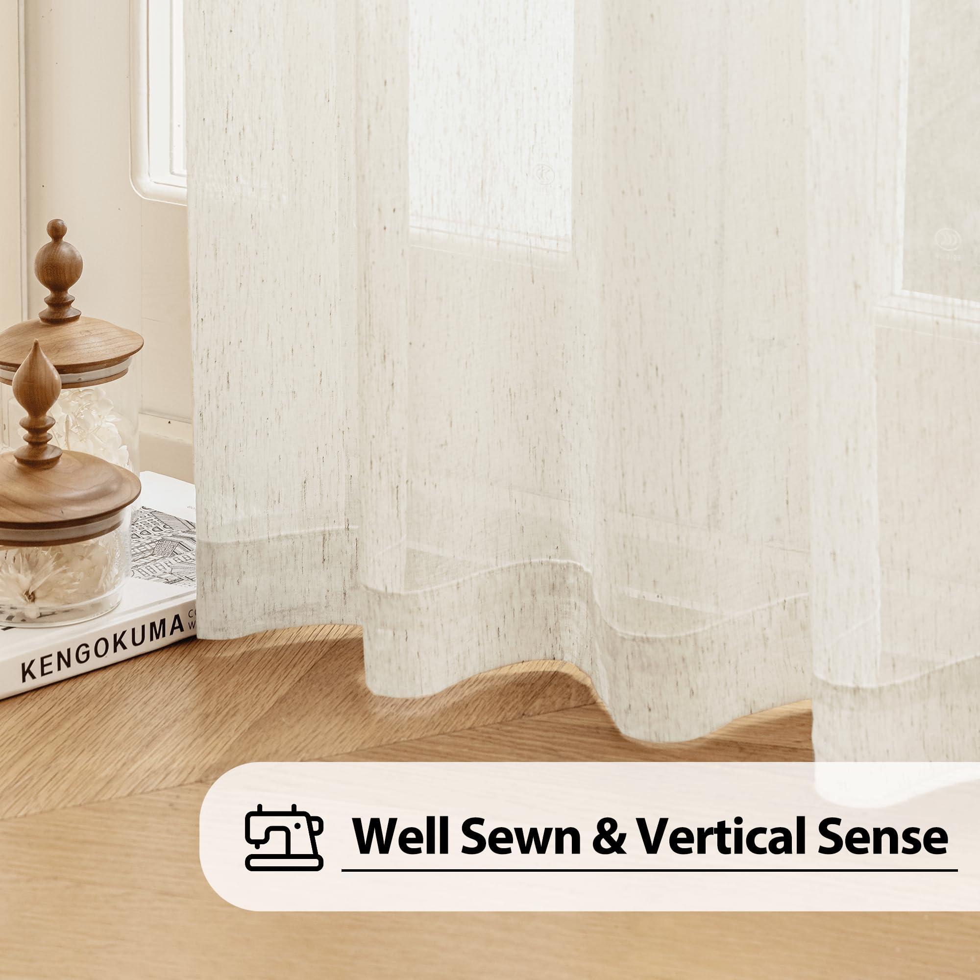 Fmfunctex Linen Sheer Curtains For Bedroom, Beige Curtains 54 Inch Length For Living Room, Natural Flax Blend Window Draperies F