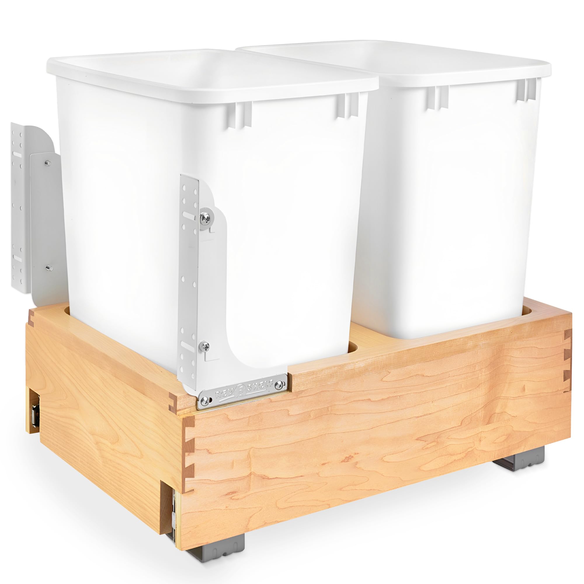 Rev-A-Shelf Double 35 Qt Wood Bottom Mount Pullout Under Cabinet Trash Can Waste Container with Full Extension Ball Bearings, Ma