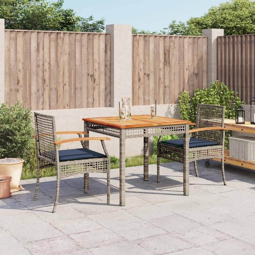 vidaXL Patio Dining Set with Cushions - 3 Piece Gray Poly Rattan Outdoor Furniture - Garden Table & 2 Chairs