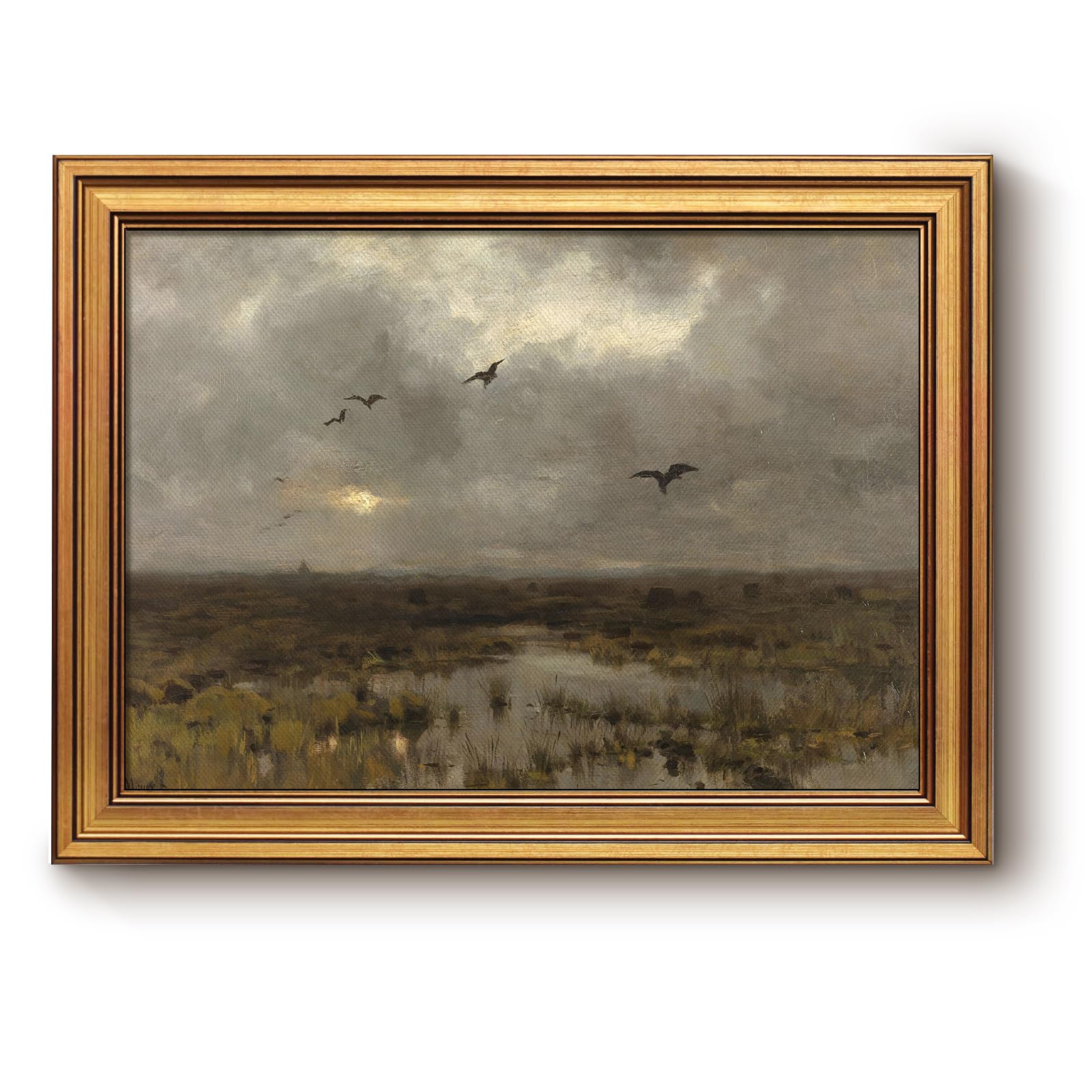 Bzstyleart Vintage Wall Art Decor,Gold Framed Wall Art,Flying Bird Scenery Frmaed Canvas Artwork for Office,Animals Painting Pic