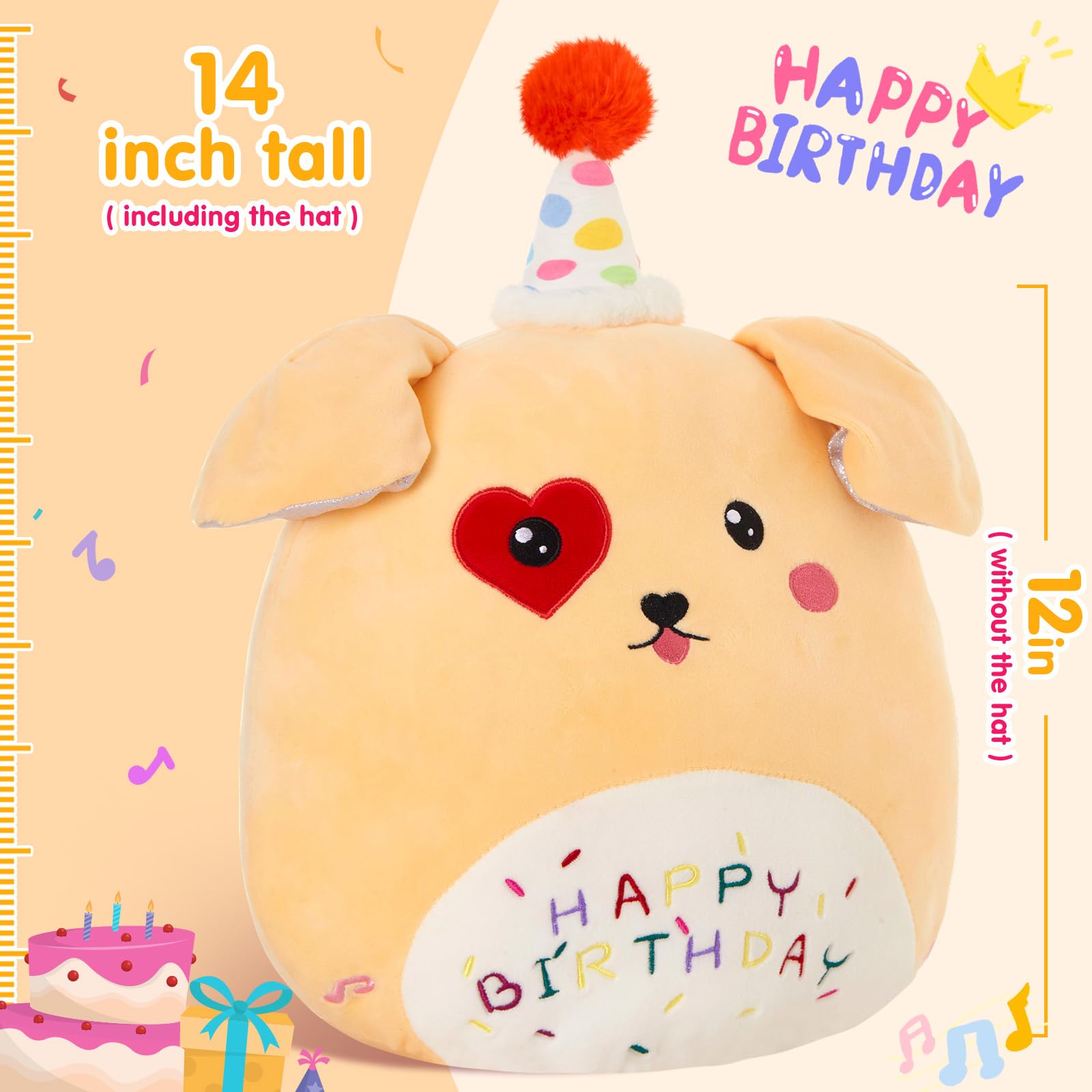 Bstaofy Light Up Music Happy Birthday Puppy Dog Soft Plush Pillow Birthday Stuffed Animal Dog Birthday Gift For Toddler Kids Gir