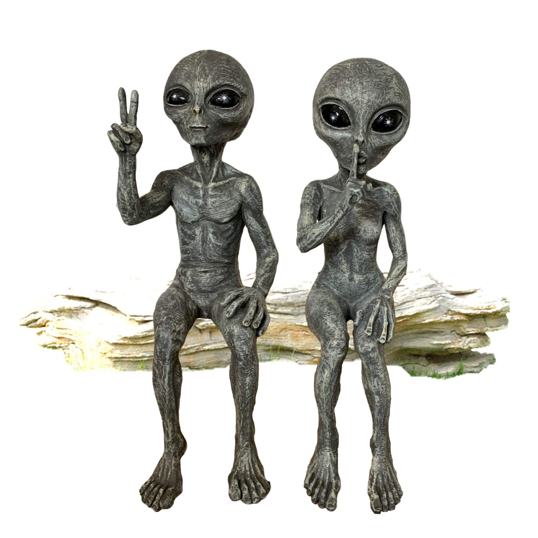 Outer Space Alien Grays Peace Dude & Quite Babe Ufo Extraterrestrial 10' H Shelf Sitters Martians Garden Statue Figurine Set