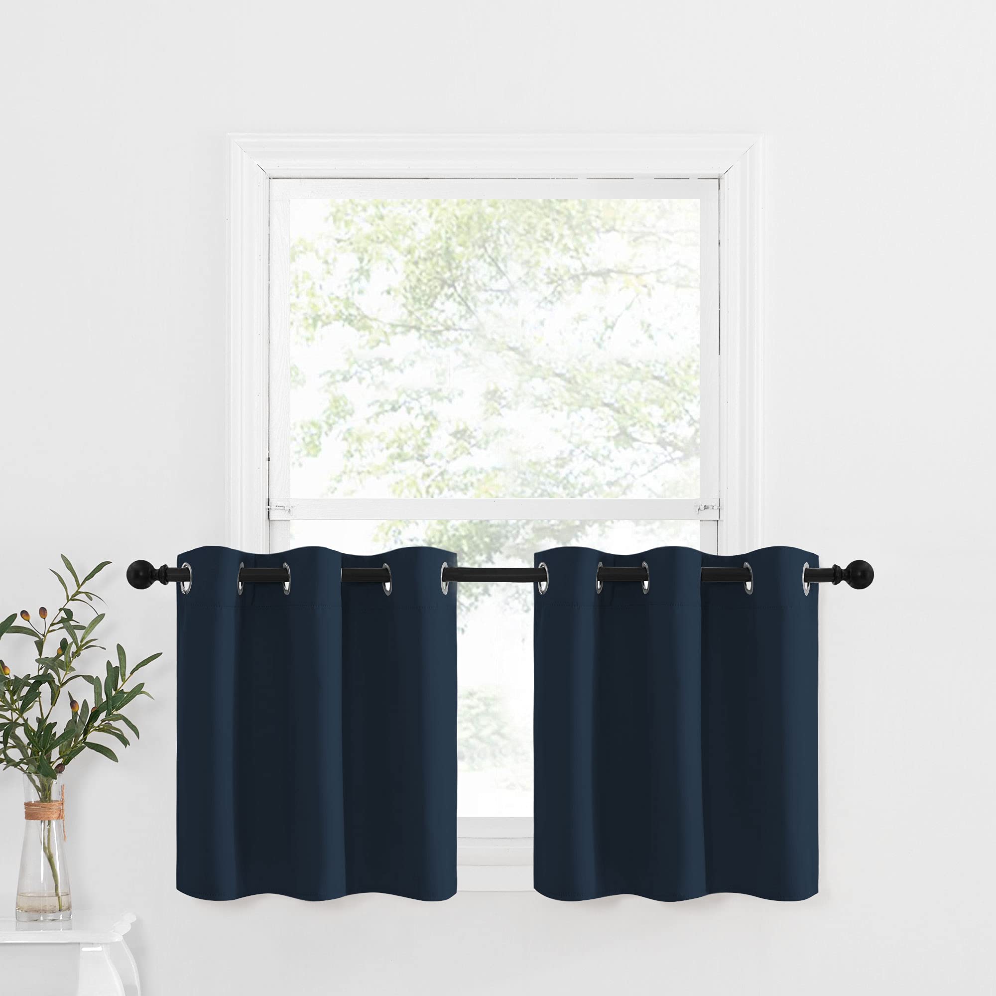 Nicetown Blackout Curtains Tiers 24 Inch - Thermal Insulated Window Treatment Drapes For Cafe/Dining Room/Kitchen Thanksgiving Decoration, 2 Panels, 42W By 24L.2 Inches Header, Navy