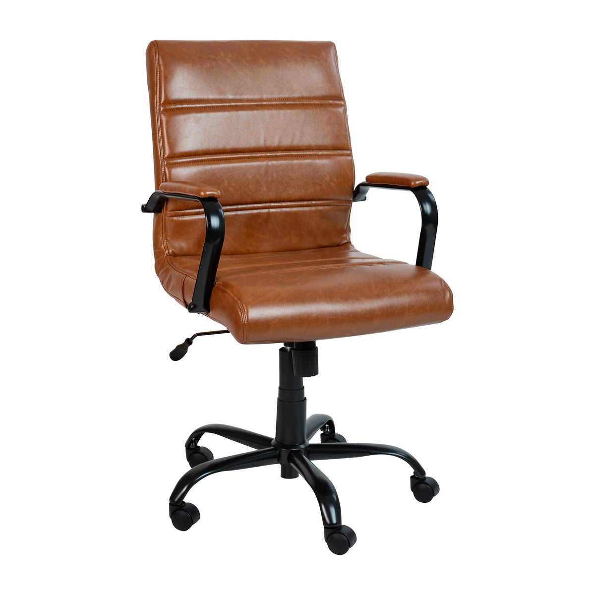 Flash Furniture Whitney Mid-Back Swivel Leather Desk Chair with Padded Seat and Armrests, Adjustable Height Padded Leather Office Chair, Brown/Black