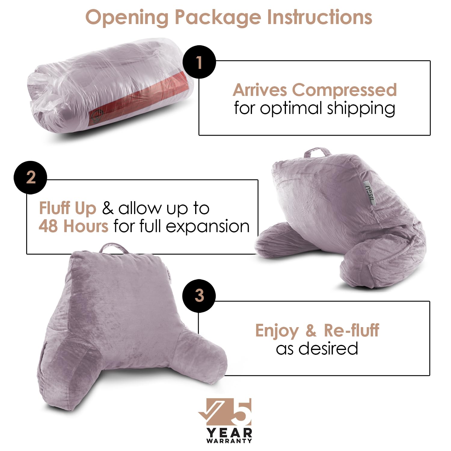 Nestl Reading Pillow Standard Bed Pillow, Back Pillow For Sitting In Bed Shredded Memory Foam Chair Pillow, Reading & Bed Rest Pillows Dusty Purple Back Pillow For Bed Chair Arm Pillow With Pockets