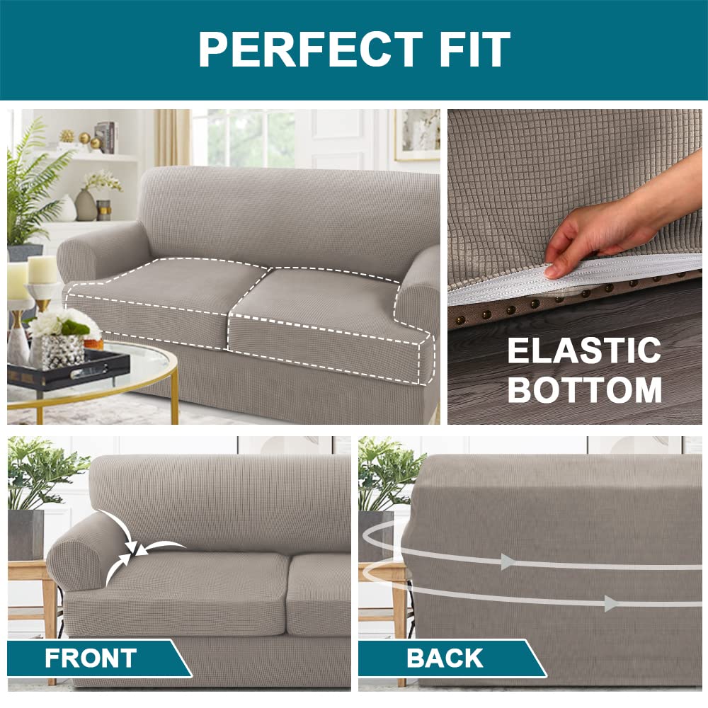 Turquoize 3 Piece T Cushion Loveseat Slipcovers Sofa Cover For 2 Cushion Couch Cover Washable Sofa Slip Cover Furniture Covers With 2 Individual T Cushion Seat Covers (2 Cushion Loveseat, Taupe)