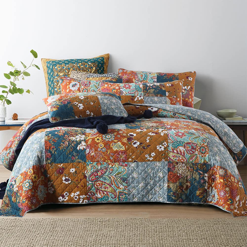 Autumn Dream Cotton Bedspread Quilt Sets Reversible Bedding Coverlet Sets Comforter, Paisley Floral Patchwork Yellow Grey Bedspr
