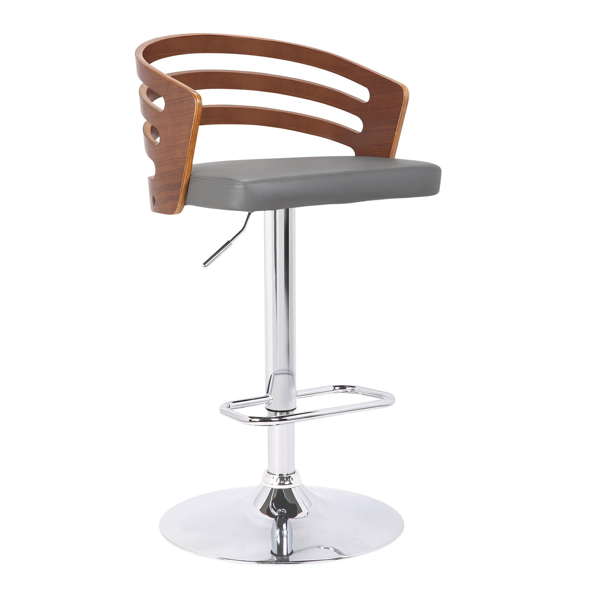 Armen Living Adele Modern Adjustable Height Swivel Gray Faux Leather and Walnut Wood Bar Stool with Chrome Base for Kitchen Isla