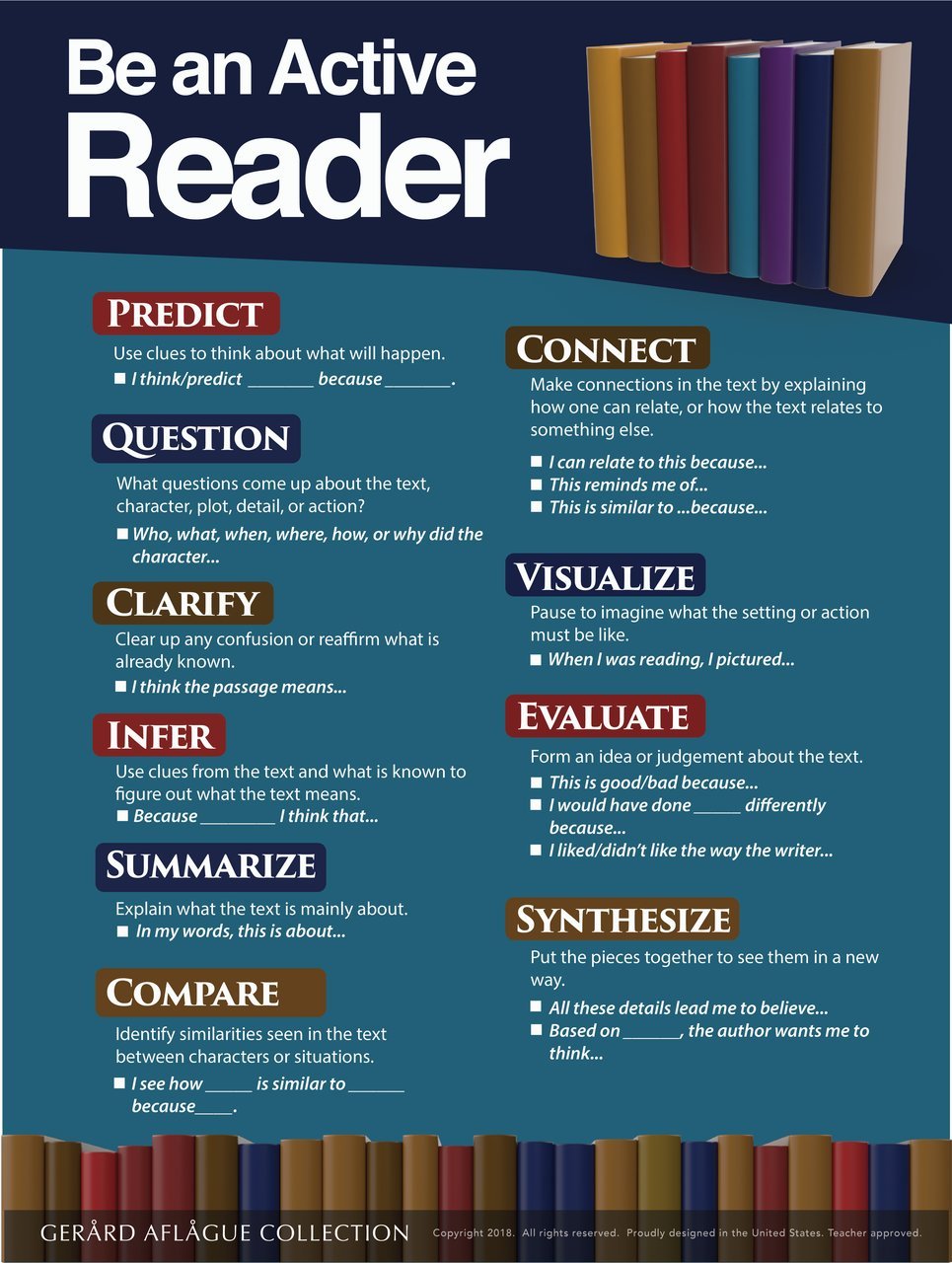 Reading Strategies Poster - 18'' x 24'' Be an Active Reader - for Classroom, School, Home-School - Offset Printed - Gerard Aflag