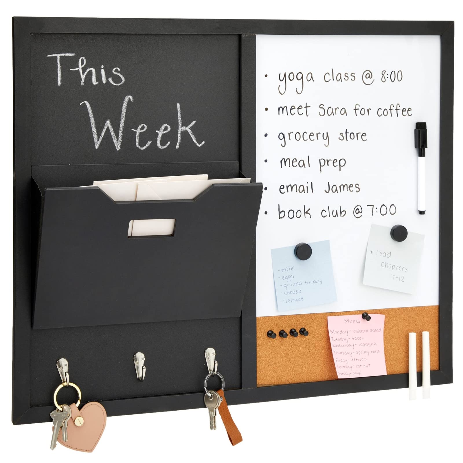 Juvale Message Command Center & Wall Mounted Organizer, Family Office Whiteboard, Chalkboard, Cork Board Combo, Mail Inbox Sorte