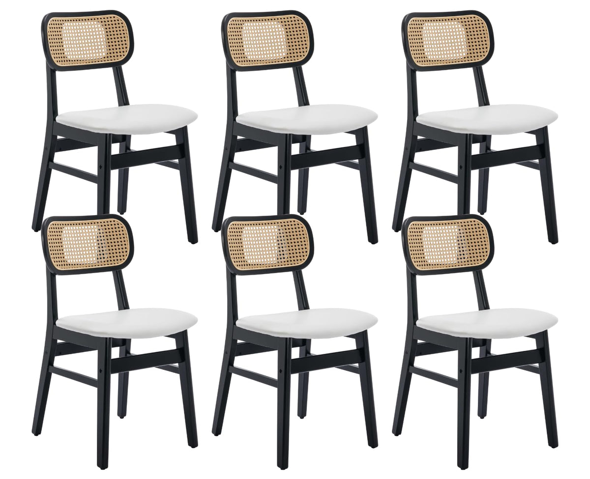 Shunzhi Rattan Dining Chairs Set Of 6 White Puleather Dining Room Chairs With Cane Back Mid Century Modern Farmhouse Kitchen Cha