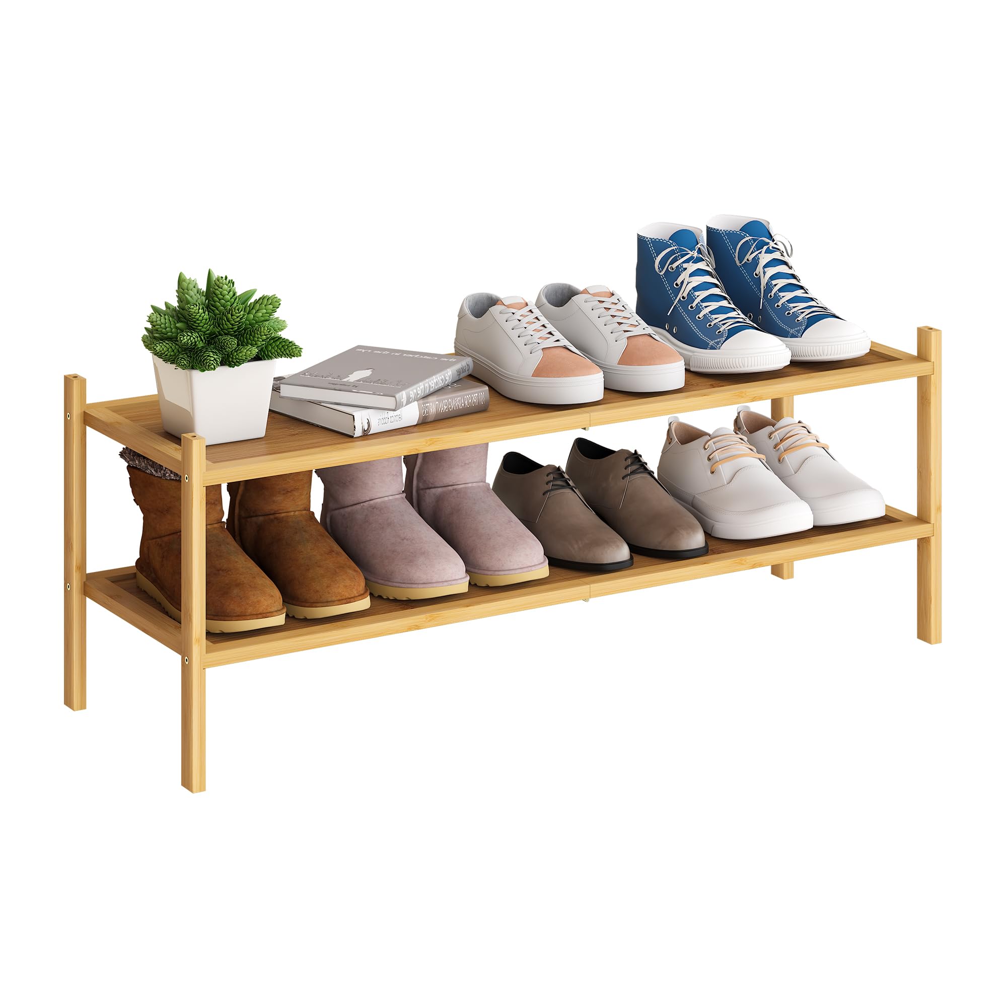 Bmosu 2-Tier Bamboo Extended Shoe Rack Premium Stackable Shoe Shelf Storage Organizer For Hallway Closet Living Room Entryway Organizer(Natural)