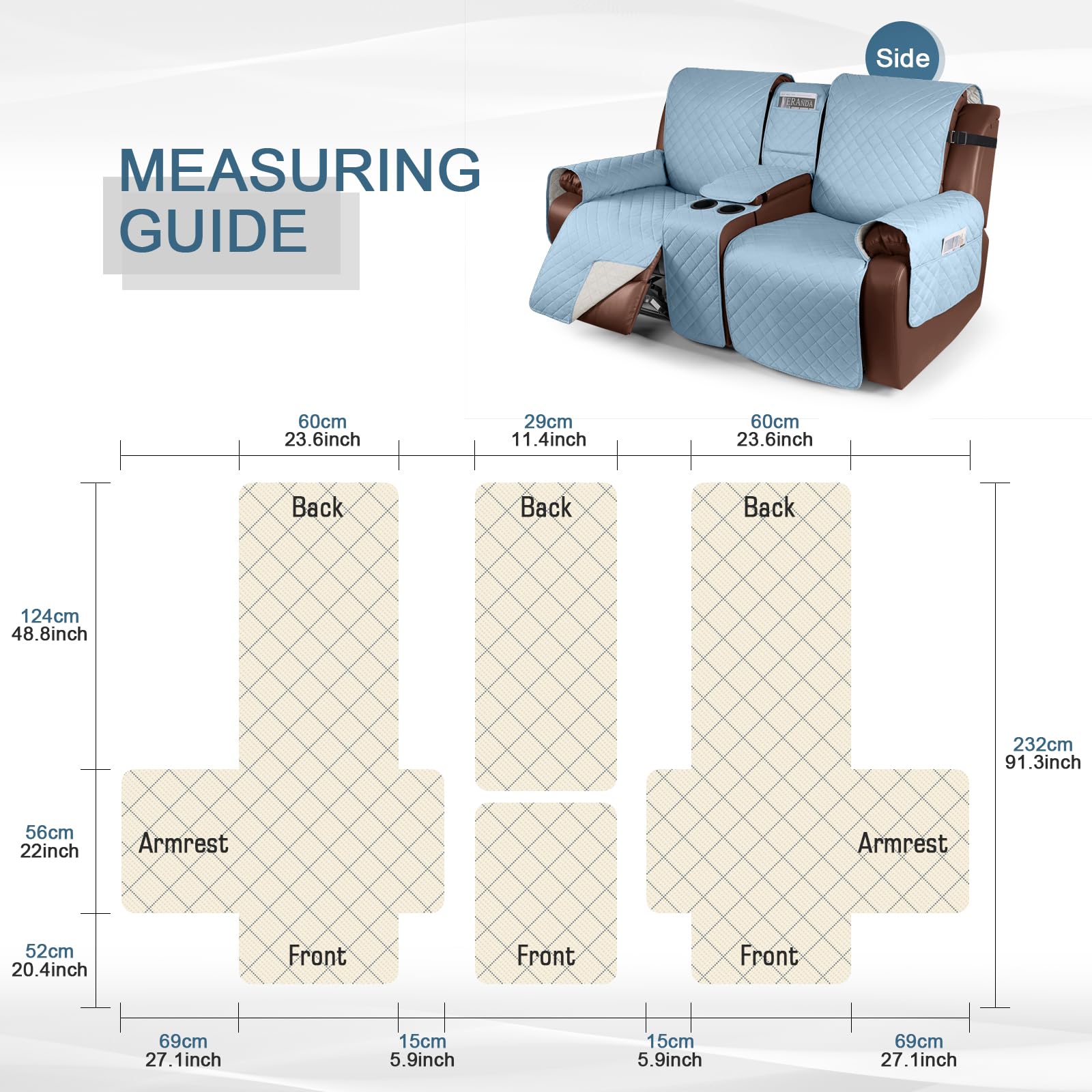 Kincam 100% Waterproof Recliner Loveseat Cover With Console, Non-Slip Reclining Couch Covers For 2 Seat, Recliner Sofa Cover Fur