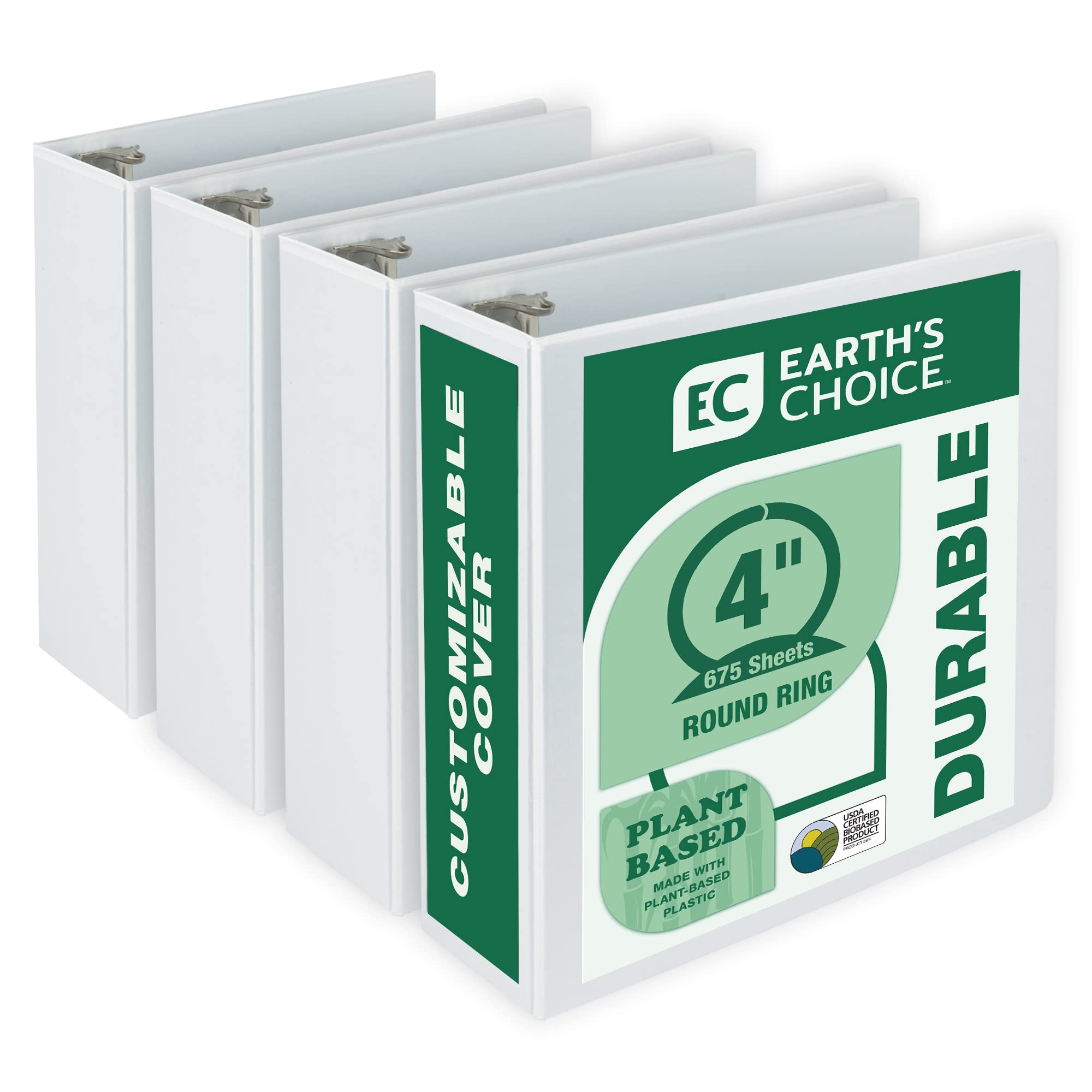 Samsill Plant-Based 4 Inch Durable Round Ring, Made In Usa, View Binder, Eco-Friendly, Usda Certified Biobased, 4 Pack, White