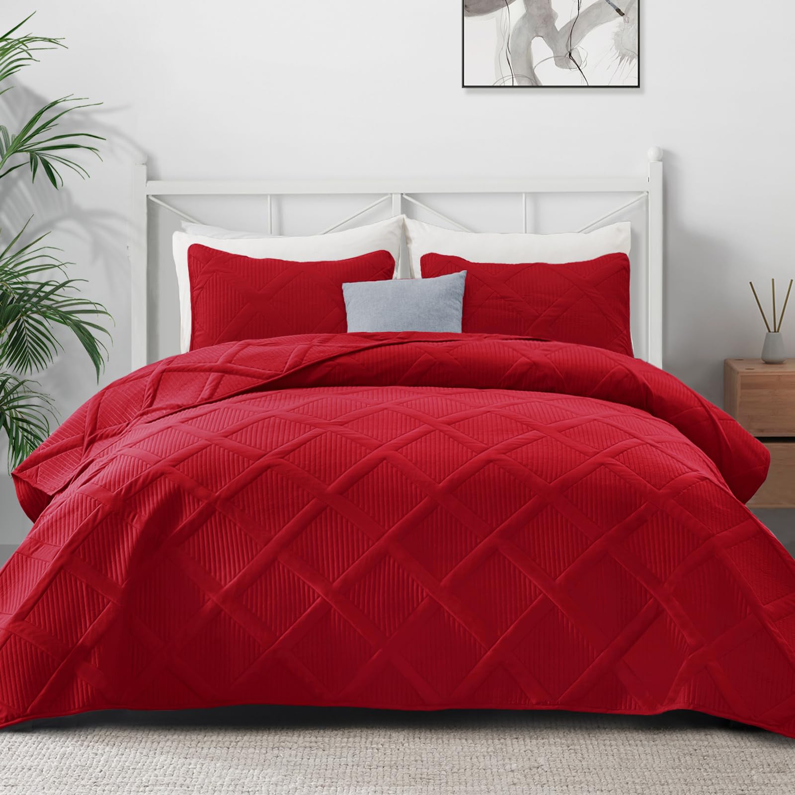 Exclusivo Mezcla Quilt Set Full Queen Size, 3 Pieces Red Queen Quilt Bedding Set, Lightweight Quilts Soft Bedspreads Modern Stri