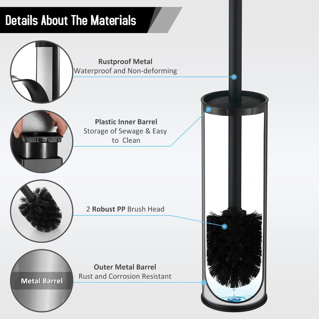 Bgl Stainless Steel Toilet Brush With Holder, 2 Black Bristle Heads