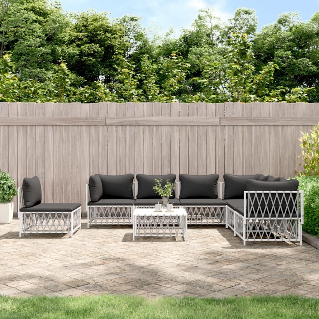 vidaXL 8 Piece Patio Lounge Set with Cushions in Modern White Steel Design for Garden, Poolside, Deck, Patio or Other Outdoor Spaces