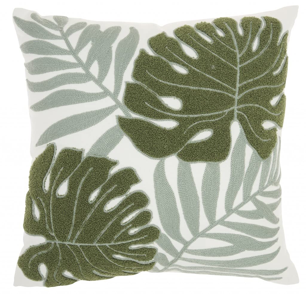 HomeRoots Cotton Green and Ivory Tropical Leaves Throw Pillow