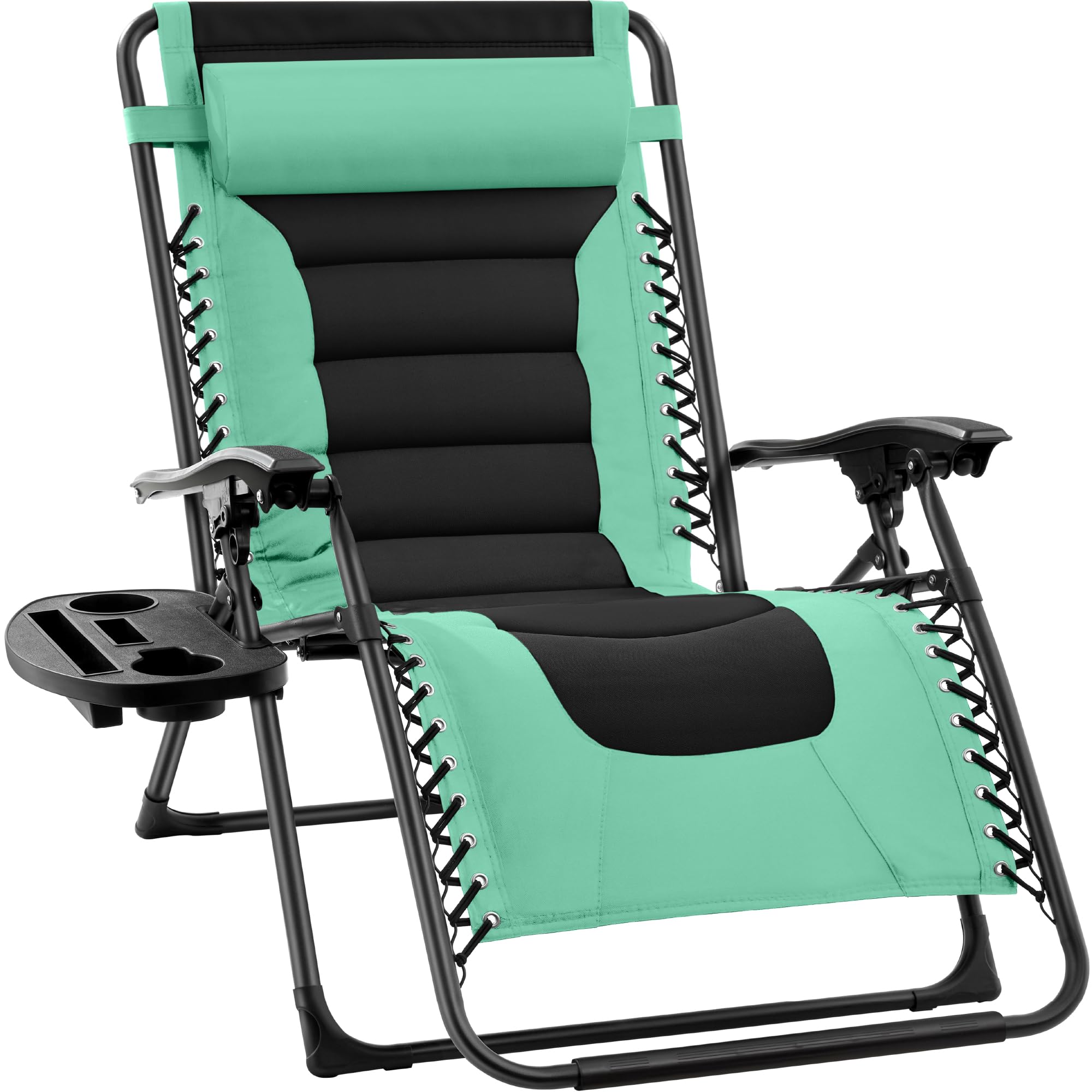 Best Choice Products Oversized Padded Zero Gravity Chair, Folding Outdoor Patio Recliner, Xl Anti Gravity Lounger For Backyard W/Headrest, Cup Holder, Side Tray, Polyester Mesh - Seafoam Green/Black