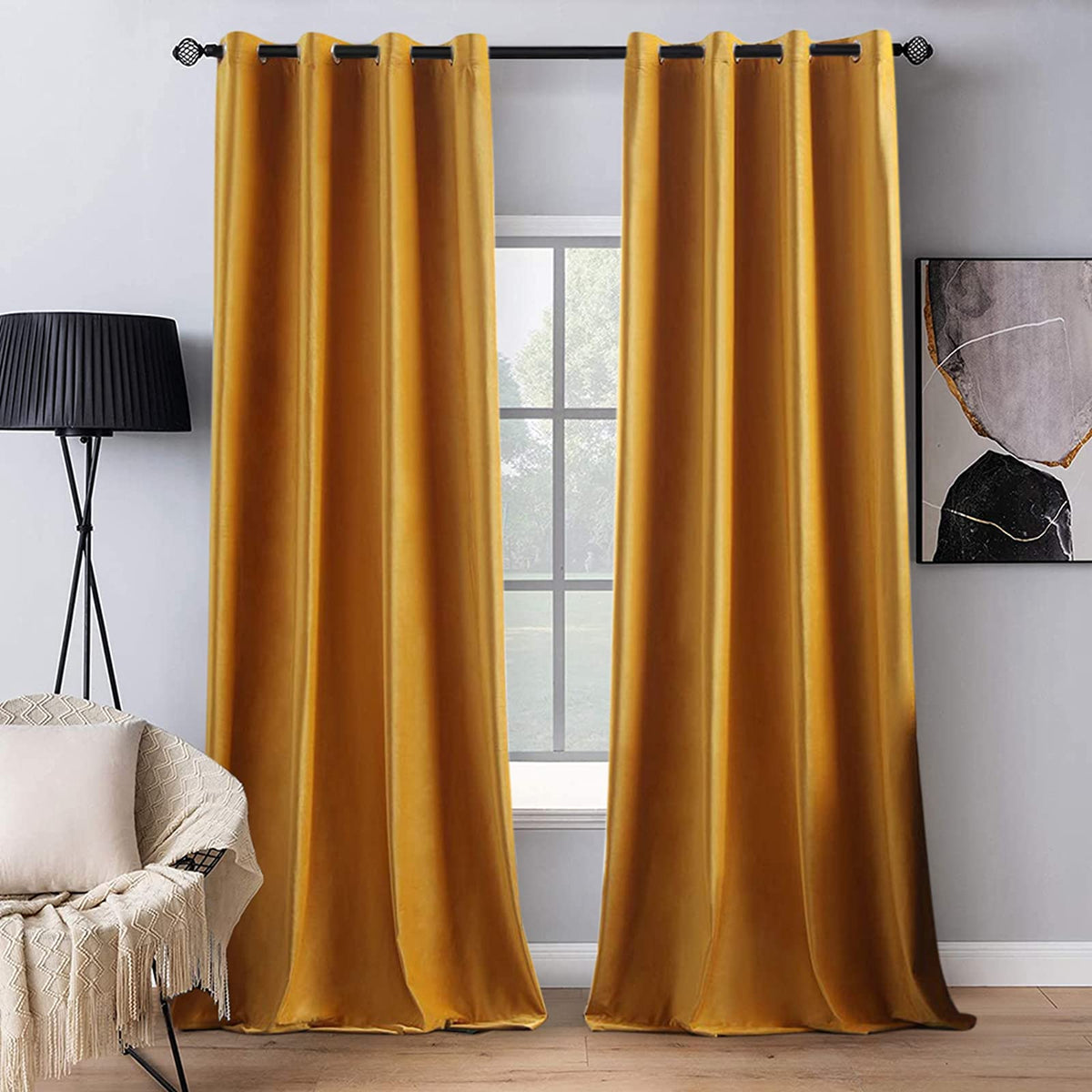 Miulee 2 Panels Blackout Velvet Curtains Solid Soft Grommet Mustard Yellow Curtains Thermal Insulated Soundproof Room Darkening