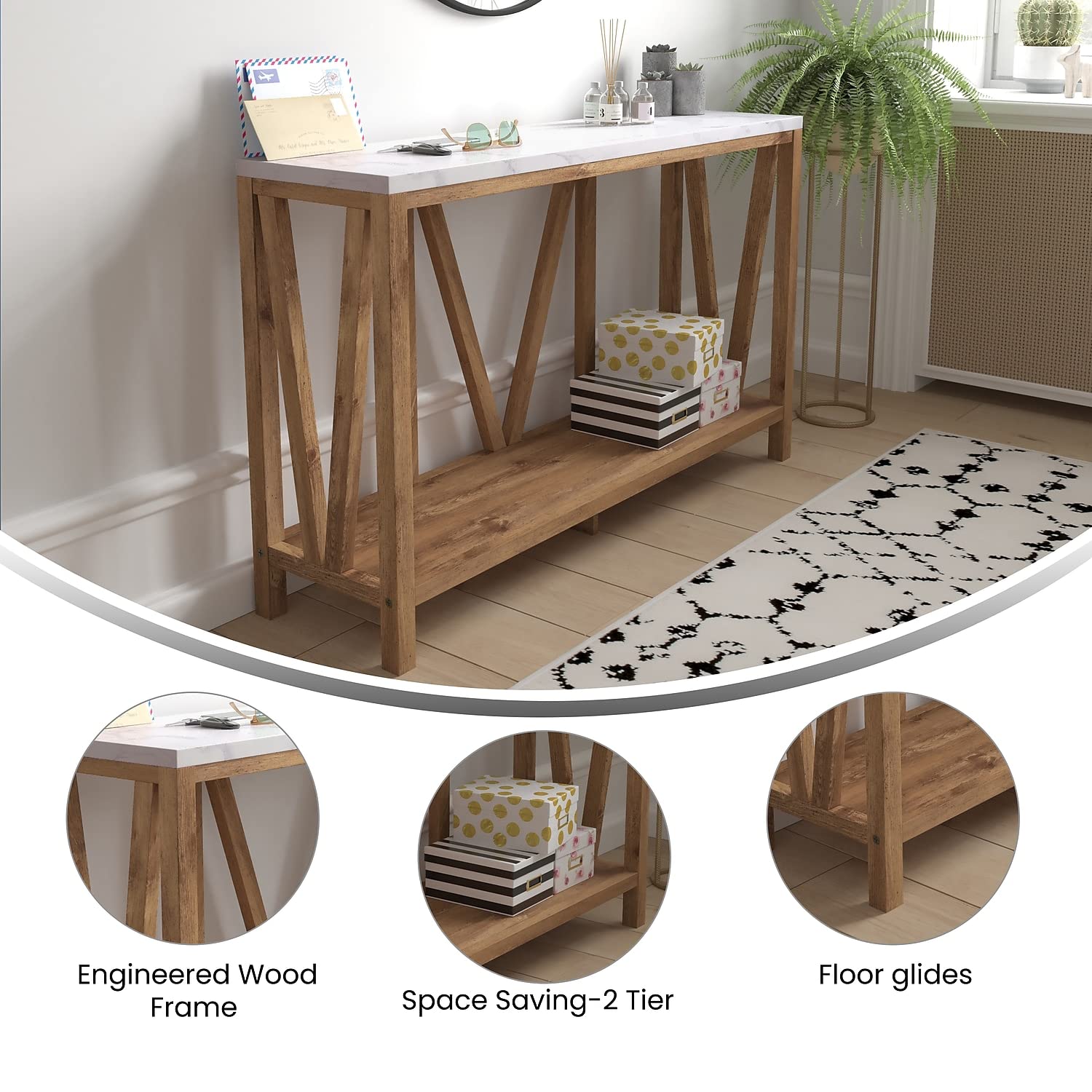 Flash Furniture Charlotte Farmhouse 2-Tier Console Table - Warm Oak Finish Engineered Wood Frame - Marble Finish Tabletop - For Entryway or Living Room