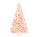 Goplus 7.5ft Pink Pre-Lit Christmas Tree, Hinged Artificial Snow Flocked Xmas Tree with 1100 PVC Branch Tips, 450 LED Lights, 8 