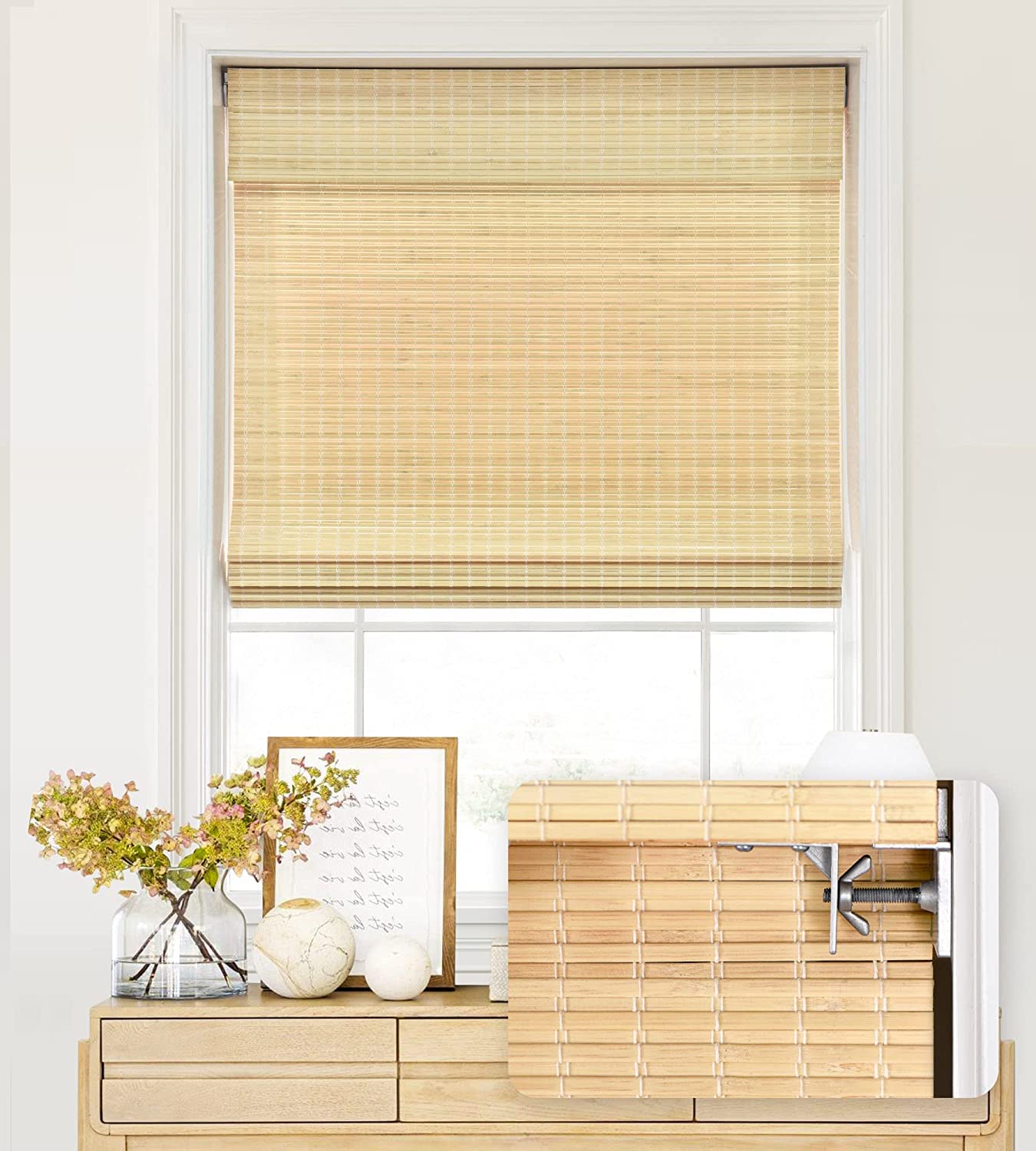 LazBlinds No Tools No Drill Cordless Bamboo Roman Shades, Privacy Window Treatment, Roll Up Bamboo Blinds for Window 21 W x 64
