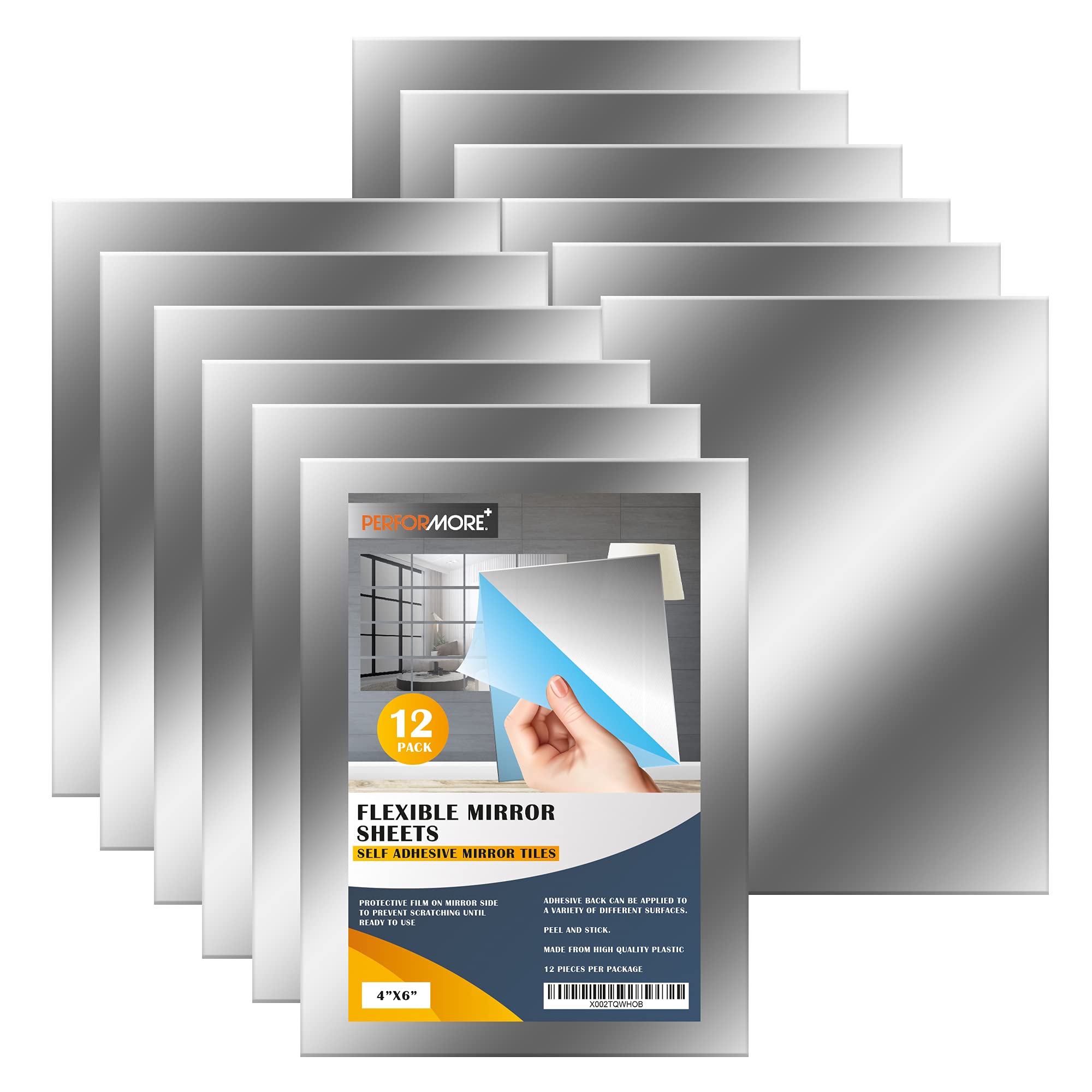 Performore Self Adhesive Plastic Mirror Sheets, 4x6 Inches Flexible Non Glass Body Mirror Tiles with Clear Protective Film Peel 