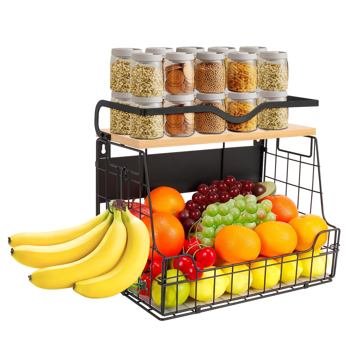 Livabber Magnetic Fridge Organizer Basket with Wood Shelf, Large Fruit Vegetable Storage Bin, Spices Snacks Condiments Rack for 