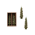 Creative Co-Op Unscented Textured Tree Shaped Taper Candles with Gold Tips in Box, Evergreen Color, Set of 2