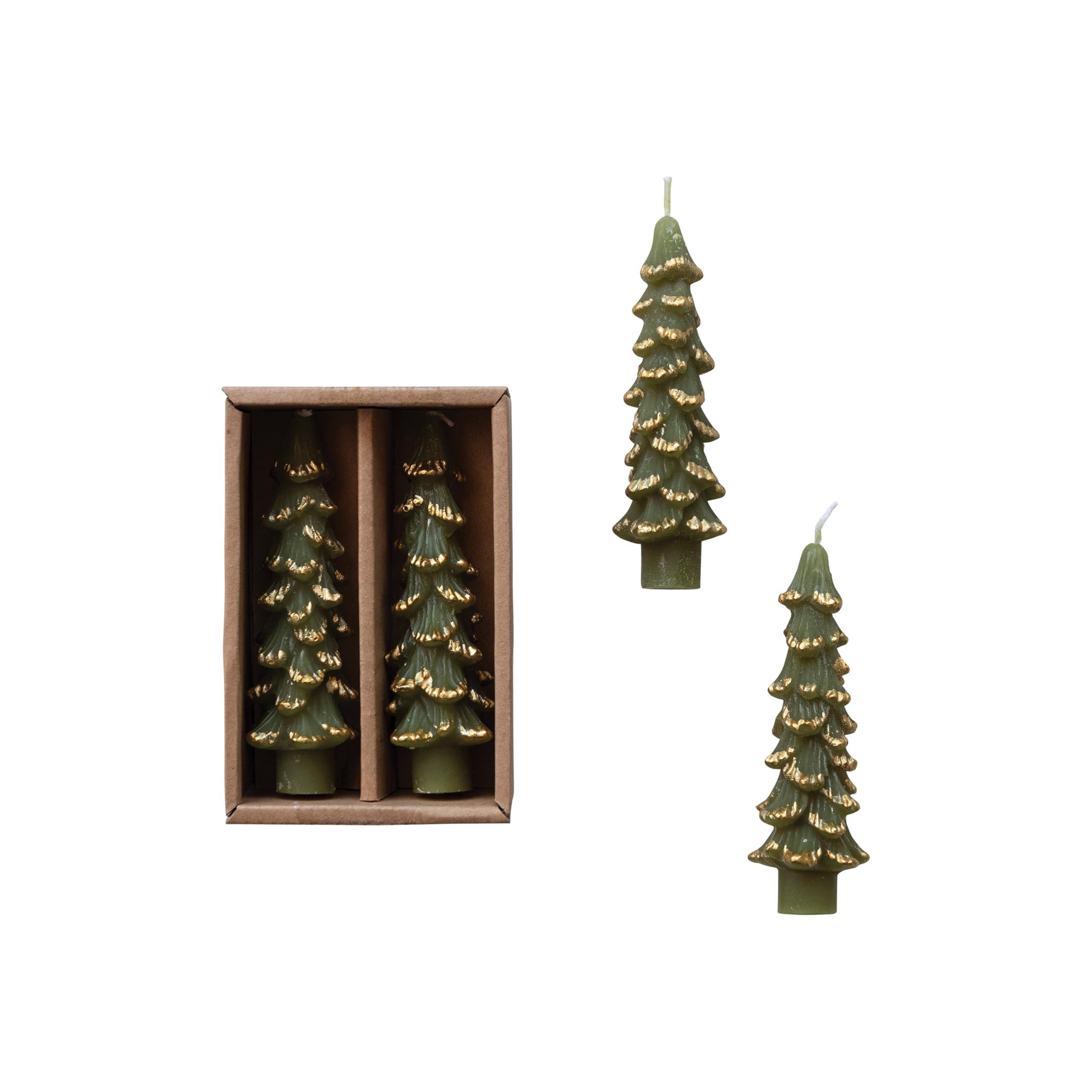Creative Co-Op Unscented Textured Tree Shaped Taper Candles with Gold Tips in Box, Evergreen Color, Set of 2