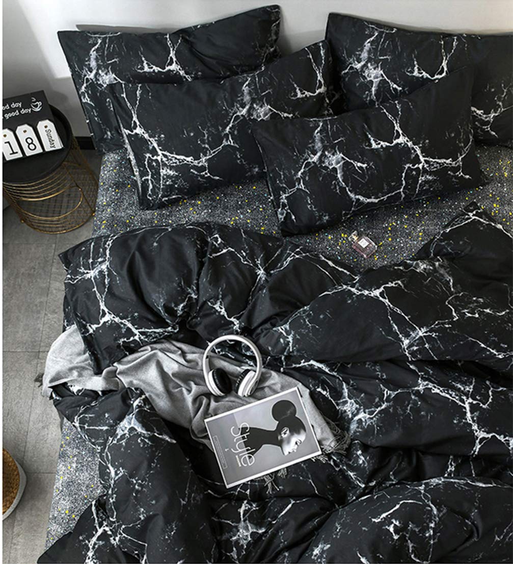 Luxlovery Black Marble Comforter Set Queen Black Marble Bed Set Full Cotton Comforter Cozy Beathable Soft Black And White Marble
