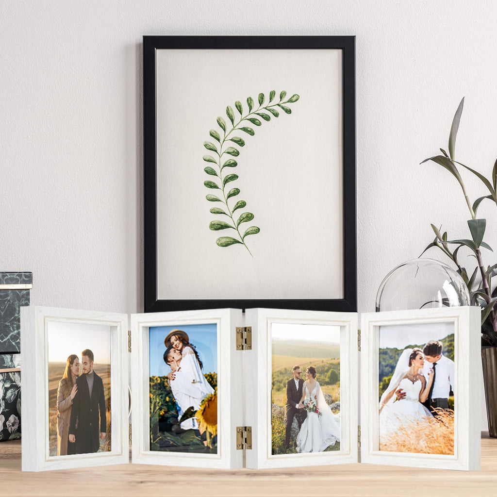 4X6 Four Picture Frame 4 Hinged Photo Frame With 4 Openings, Natural Wood Foldable Photo Frame With High Definition Acrylic For