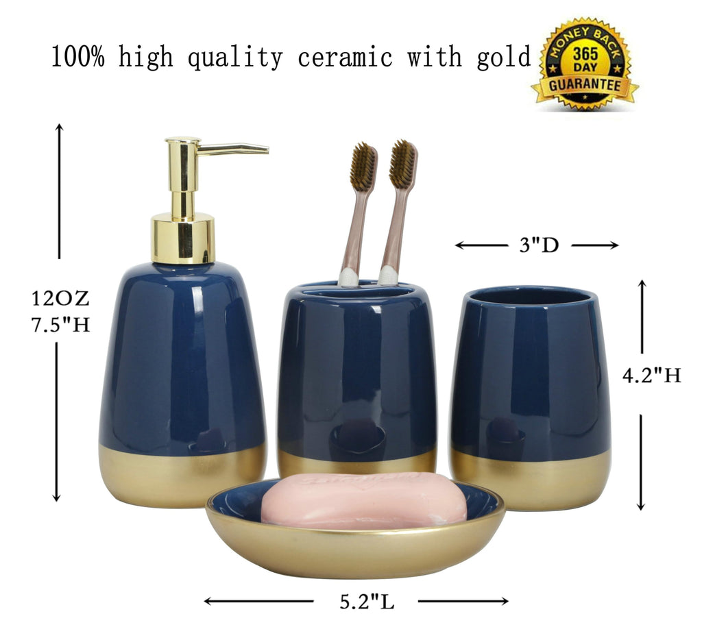 Navy Blue Gold Luxury Bathroom Accessories Set 4 Pieces,Vanity Countertop Ceramic Accessory Set For Bathroom Decor With Soap Dis