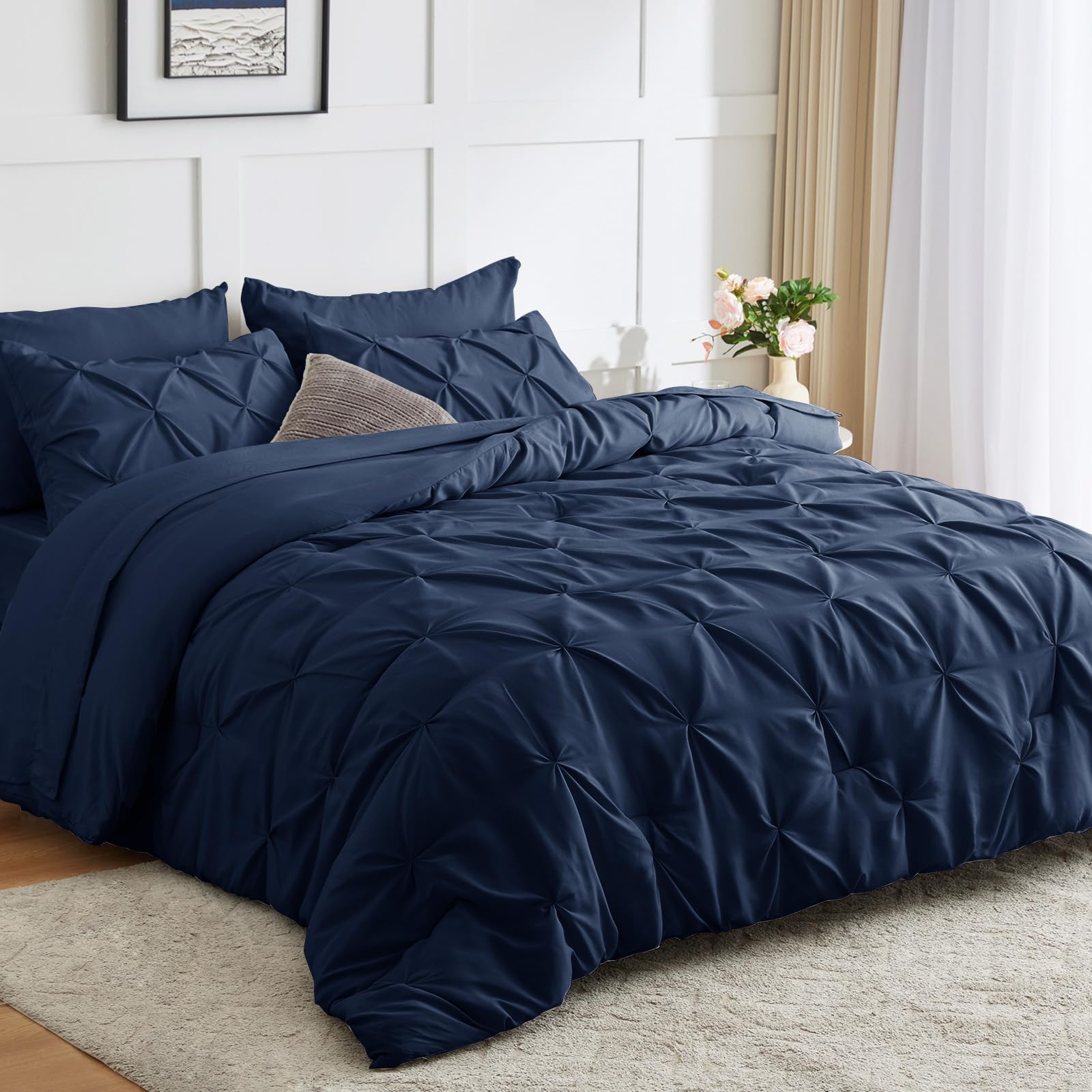Cozylux Full Comforter Set - 7 Pieces Comforters Full Size Navy Blue, Pintuck Bed In A Bag Pinch Pleat Bedding Sets With All Sea