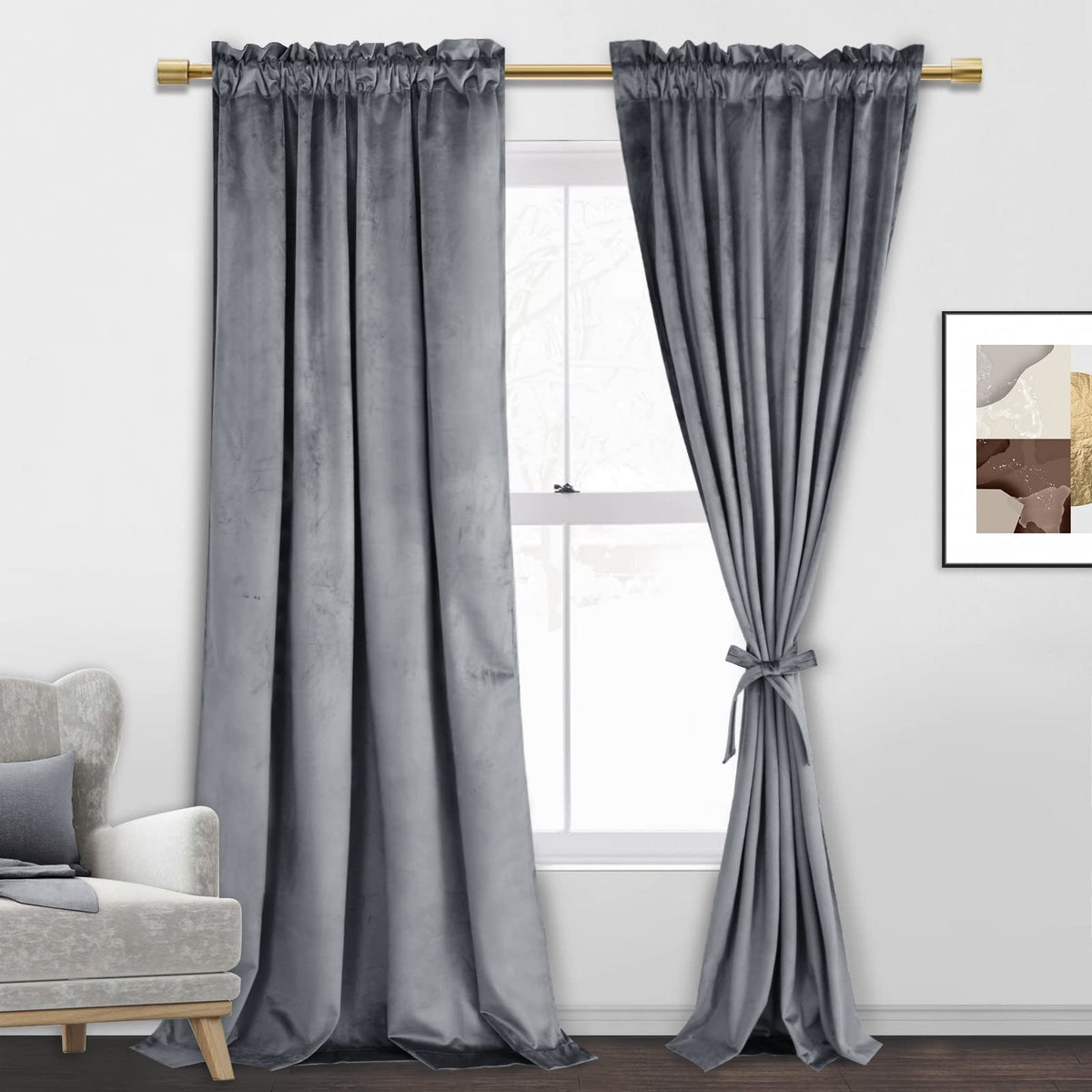 Jiuzhen Grey Velvet Curtains 120 Inches For Living Room - Privacy Protect Room Darkening Rod Pocket Thick Velvet Window Drapes F