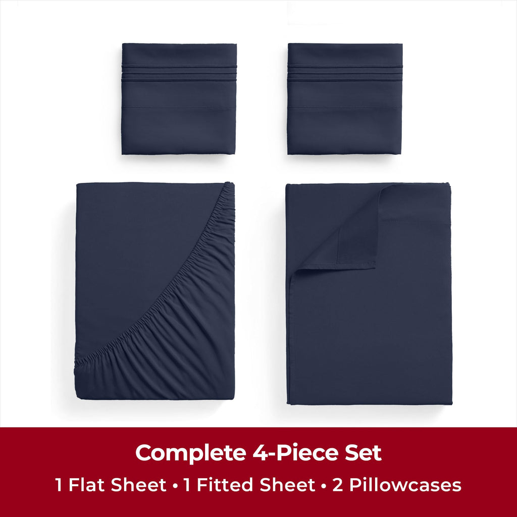 Mellanni Twin Sheet Set - 4-Piece Iconic Collection Bedding, (Including 2 Pillowcases), 16-Inch Deep Pocket, Easy Care, Extra Soft, Cooling Sheets, Brushed Microfiber - Navy Blue