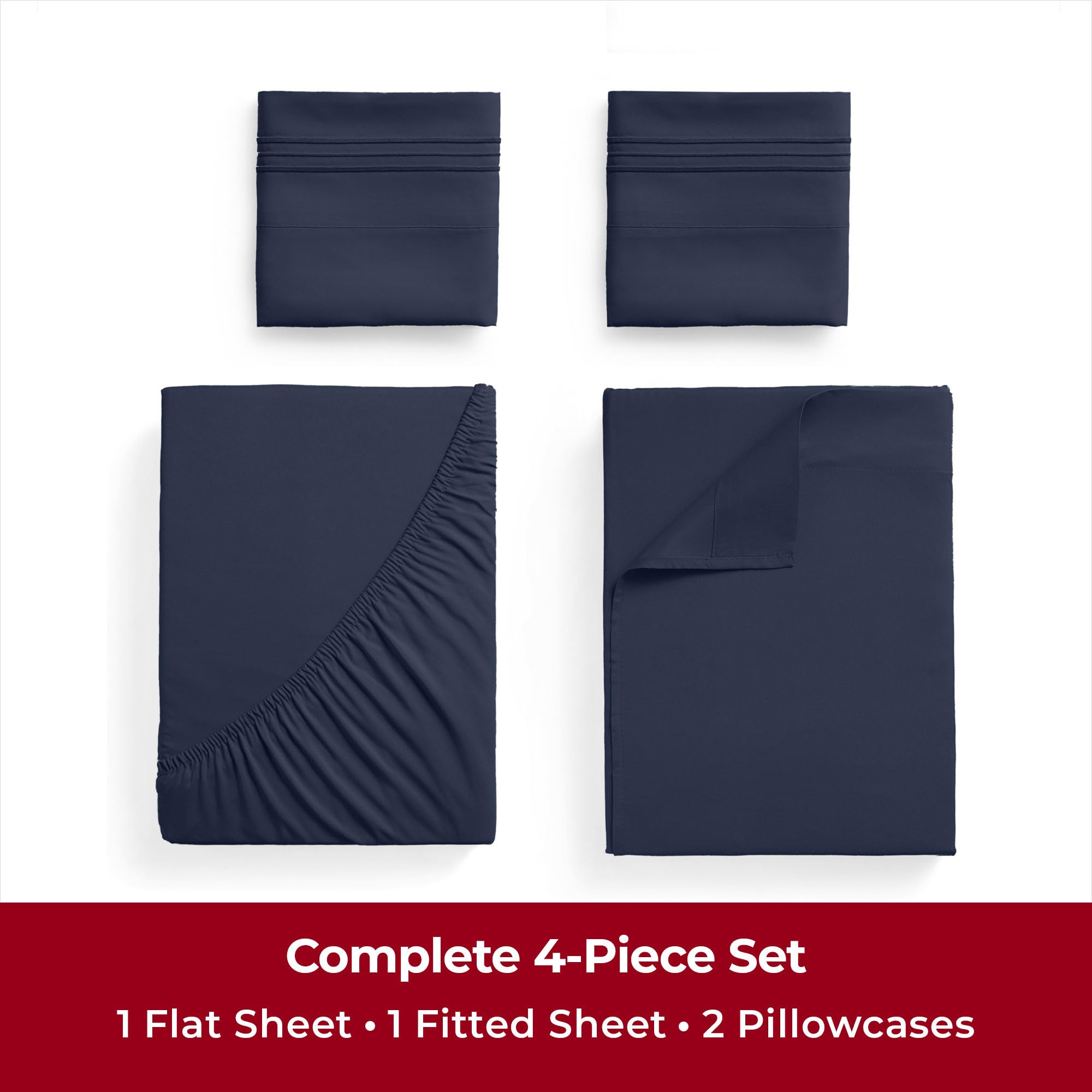 Mellanni Twin Sheet Set - 4-Piece Iconic Collection Bedding, (Including 2 Pillowcases), 16-Inch Deep Pocket, Easy Care, Extra Soft, Cooling Sheets, Brushed Microfiber - Navy Blue