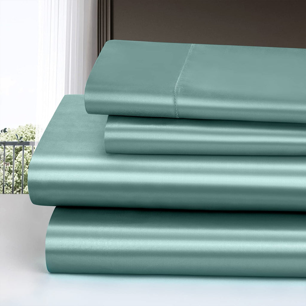 Homiest 3Pcs Satin Sheets Set Luxury Silky Satin Bedding Set With Deep Pocket, 1 Fitted Sheet + 1 Flat Sheet + 1 Pillowcase (Twin Size, Greyish Green)