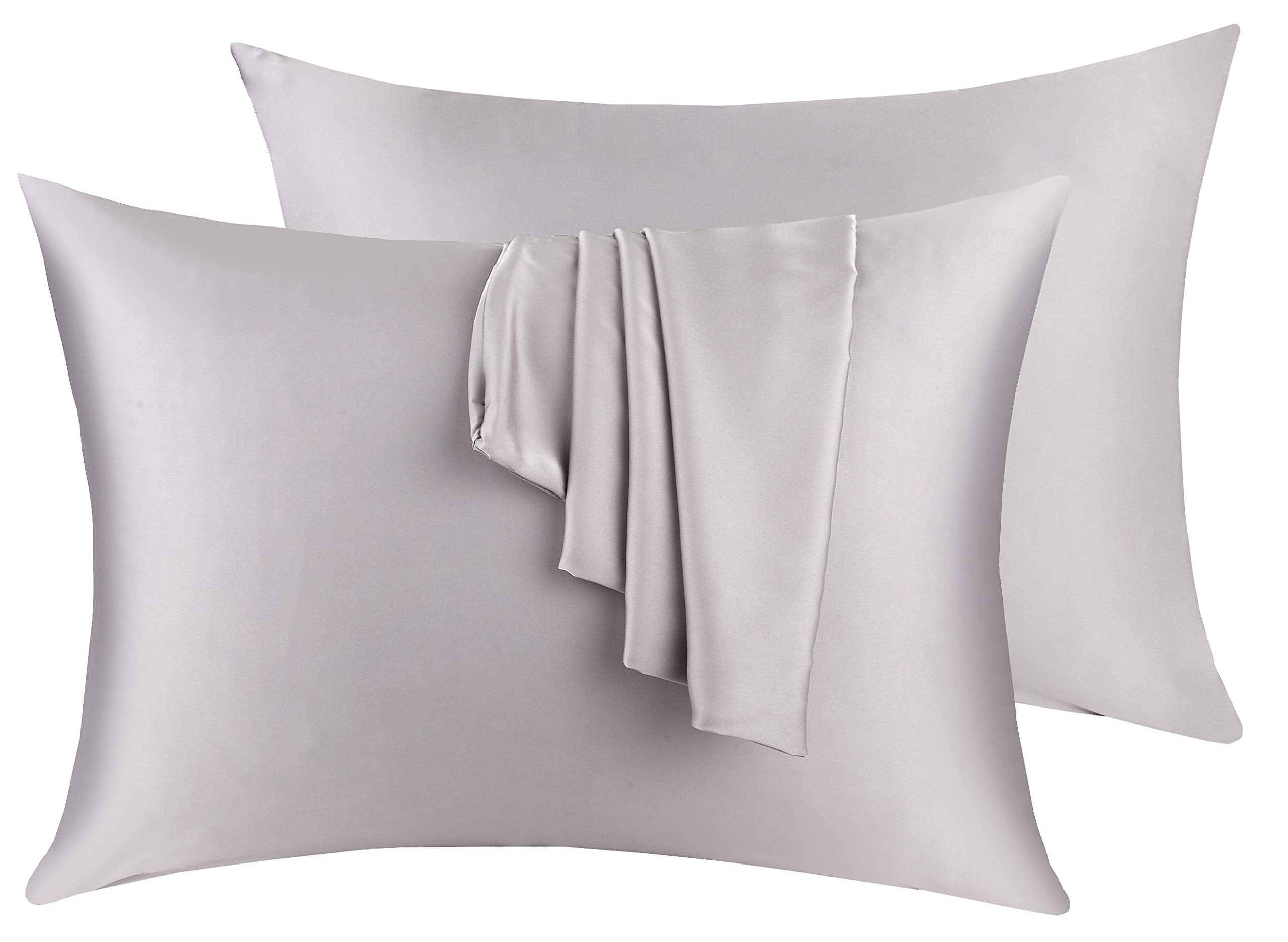 Natural Silk Pillowcase Set Of 2 For Hair &Skin - Both Sides 19 Momme 600 Thread Count With Hidden Zipper (Grey, Standard)