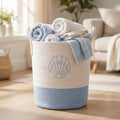 Singhoow Coastal Seashells Woven Laundry Basket White Blue Beach Cotton Rope Storage Baskets with Handles 15 x 17.7 Inches Hampe