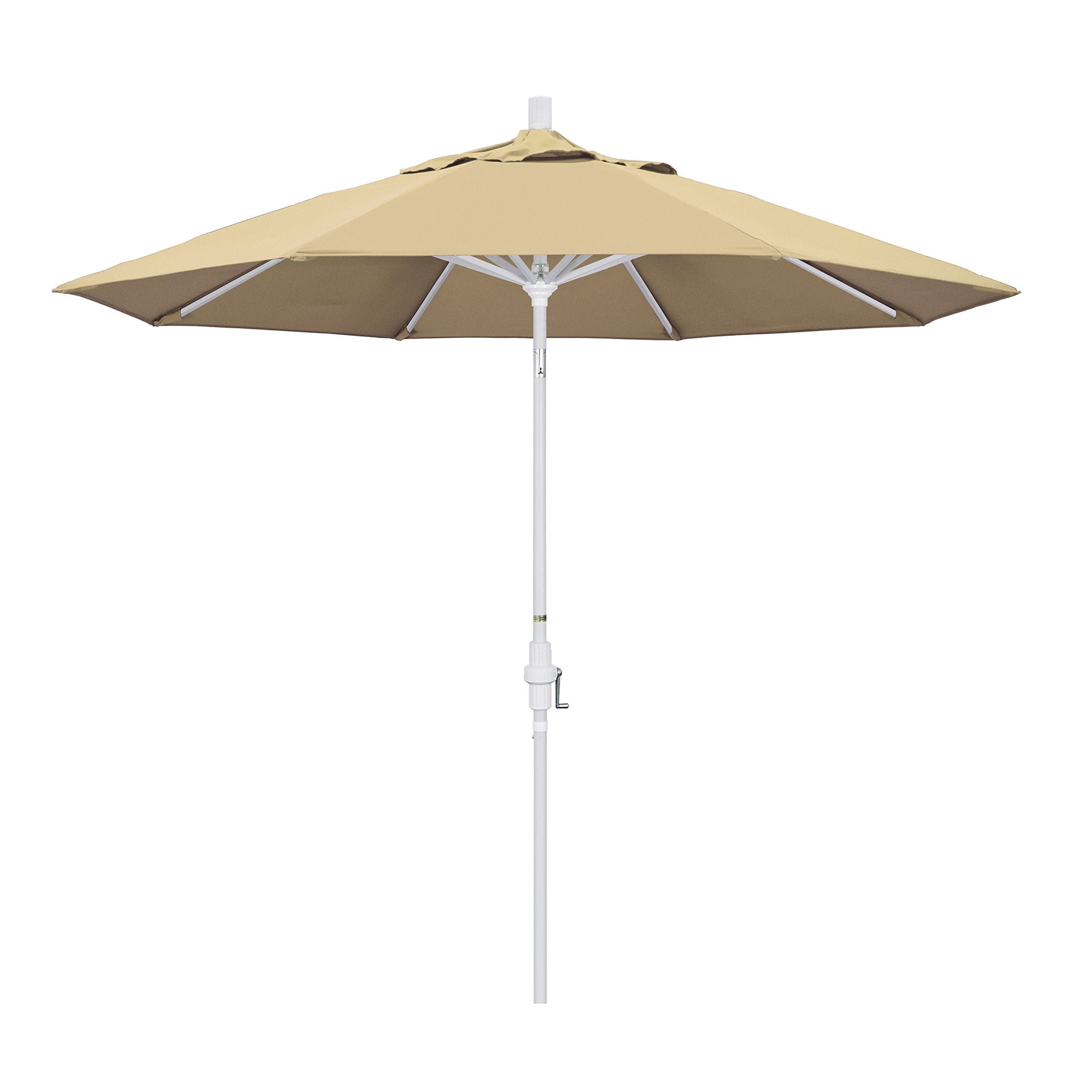 California Umbrella 9 Round Aluminum Market Umbrella, Crank Lift, Collar Tilt, White Pole, Pacifica Beige
