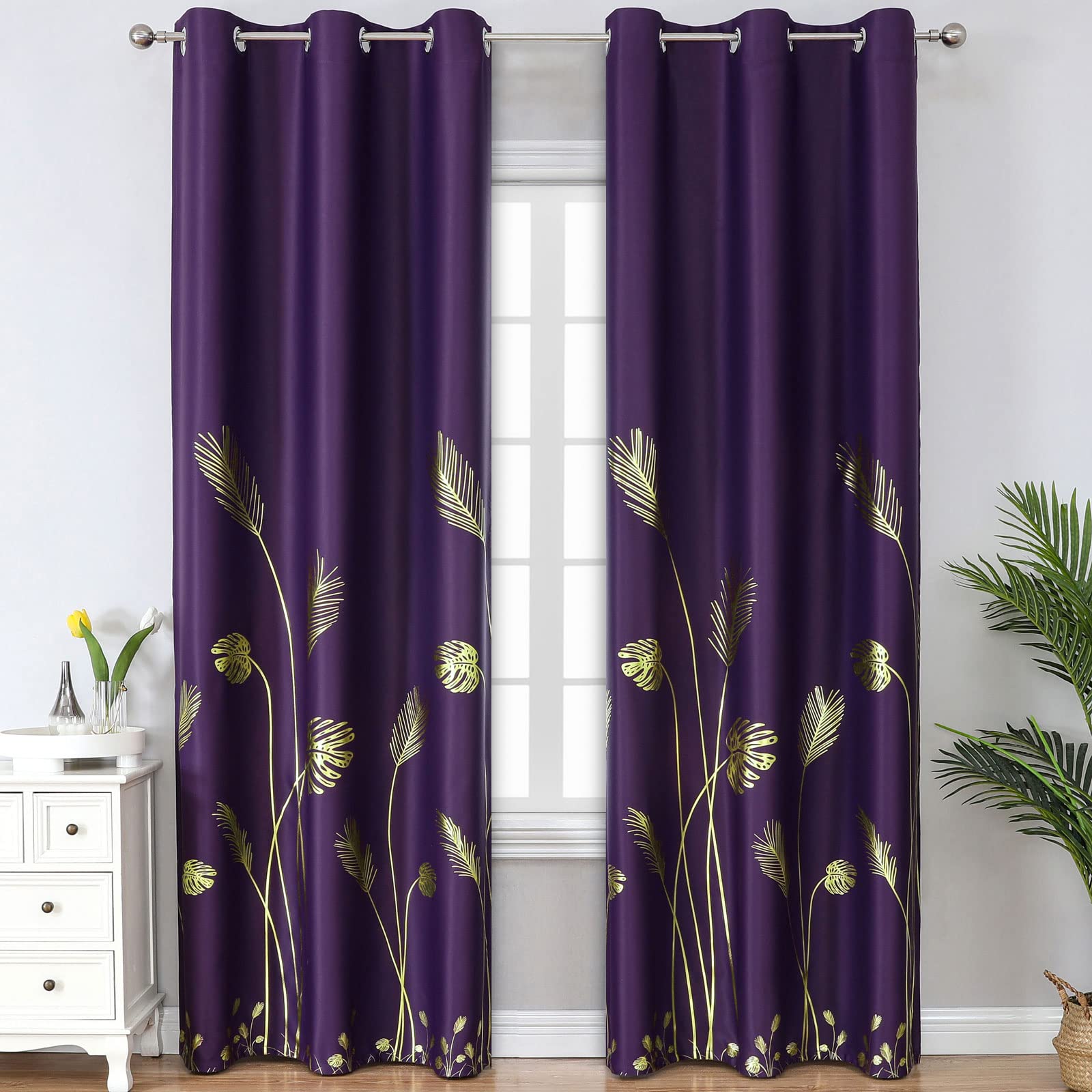 Estelar Textiler Purple Blackout Curtains For Dining Room With Gold Palm Tree Design Pattern Light Blocking Thermal Insulated Gr