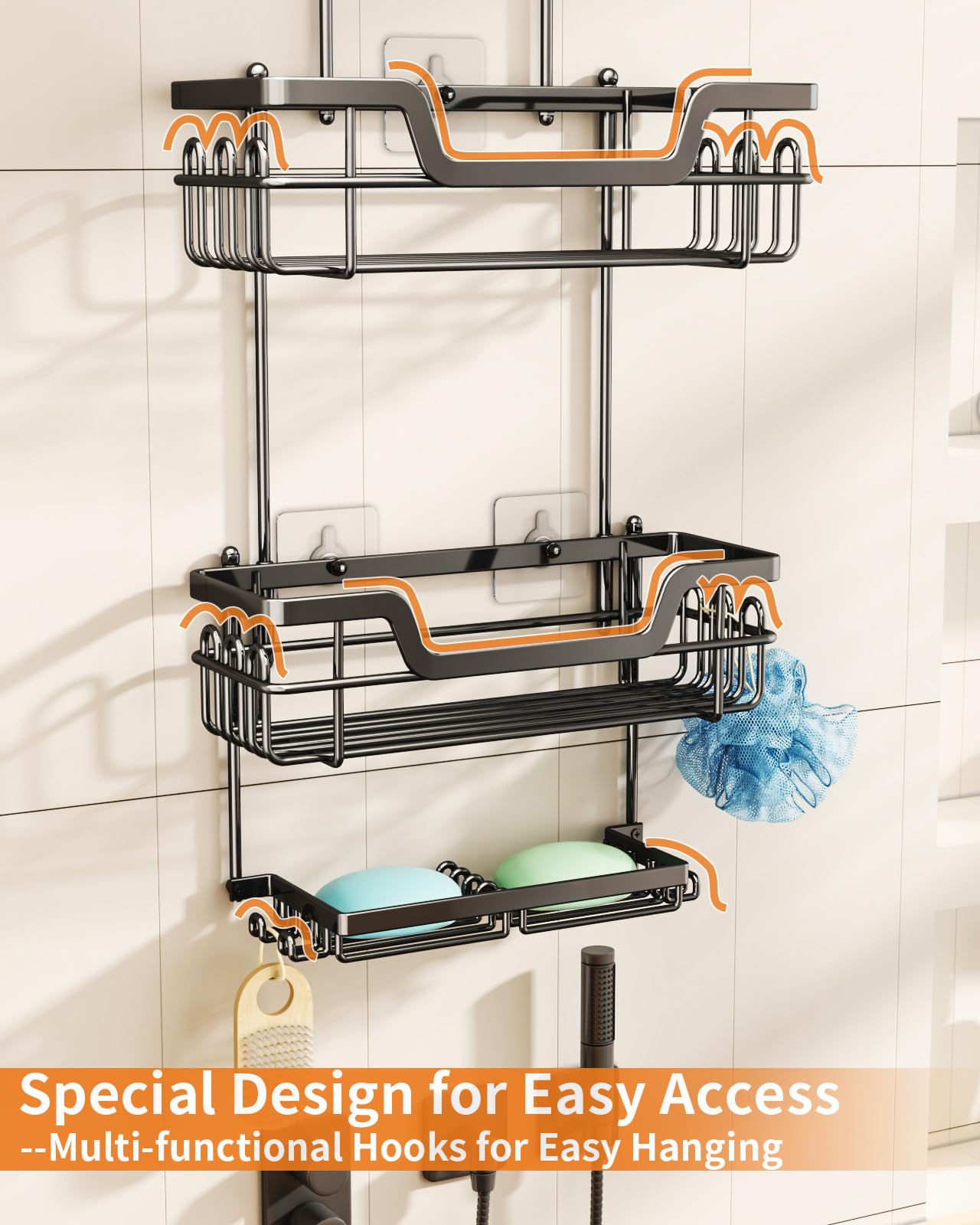 Swtymiki 3 Tier Rustproof Hanging Shower Caddy With 16 Hooks & Dual Soap Holder, Large Capacity Over Shower Organizer For Bathro
